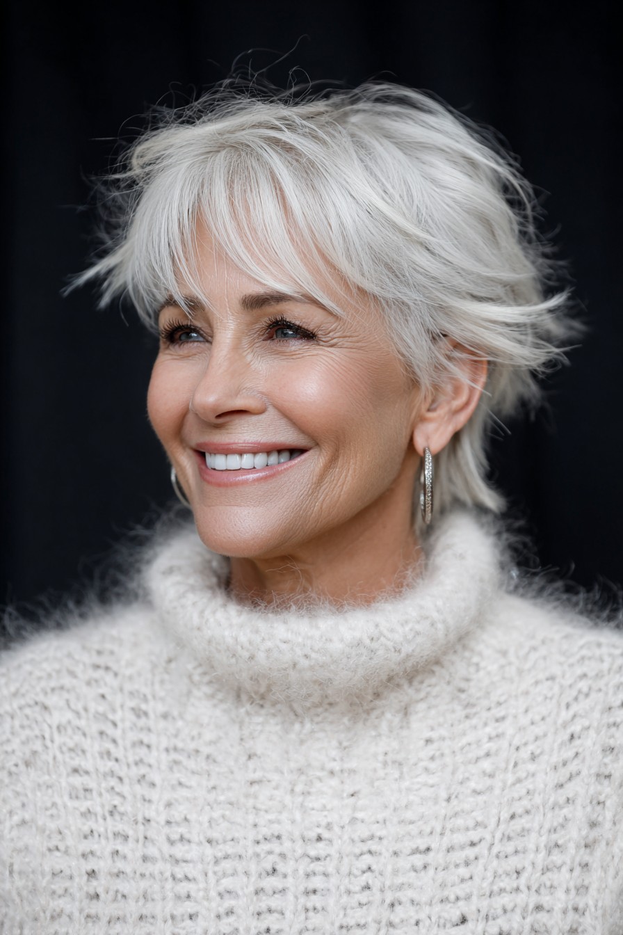 Woman over 70 with a silver pixie with soft layered bangs — short hairstyle for women over 70