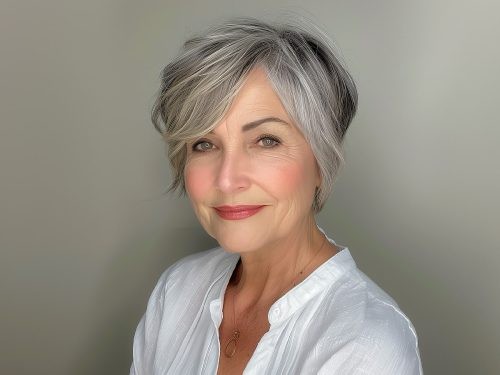 Woman over 70 with a salt-and-pepper asymmetric bob — short hairstyle for women over 70