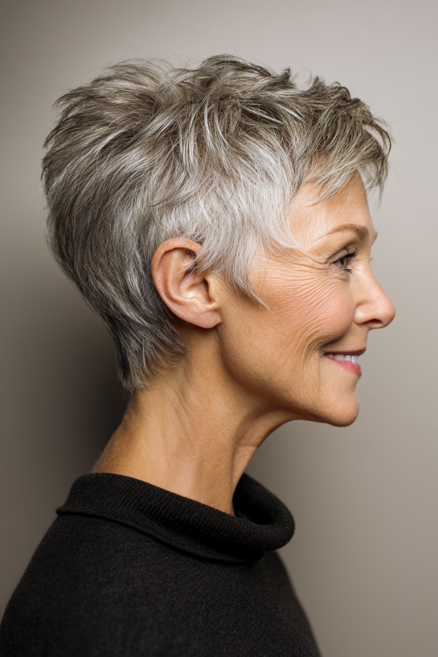 Woman over 70 with a sleek tapered pixie in profile — short hairstyle for women over 70