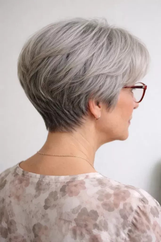 Woman over 70 with a graduated gray pixie with glasses — short layered haircut back view for women over 70