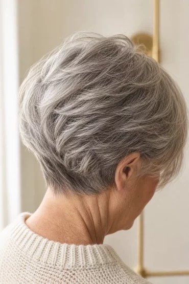 Woman over 70 with a wispy layered crop — short layered haircut back view for women over 70