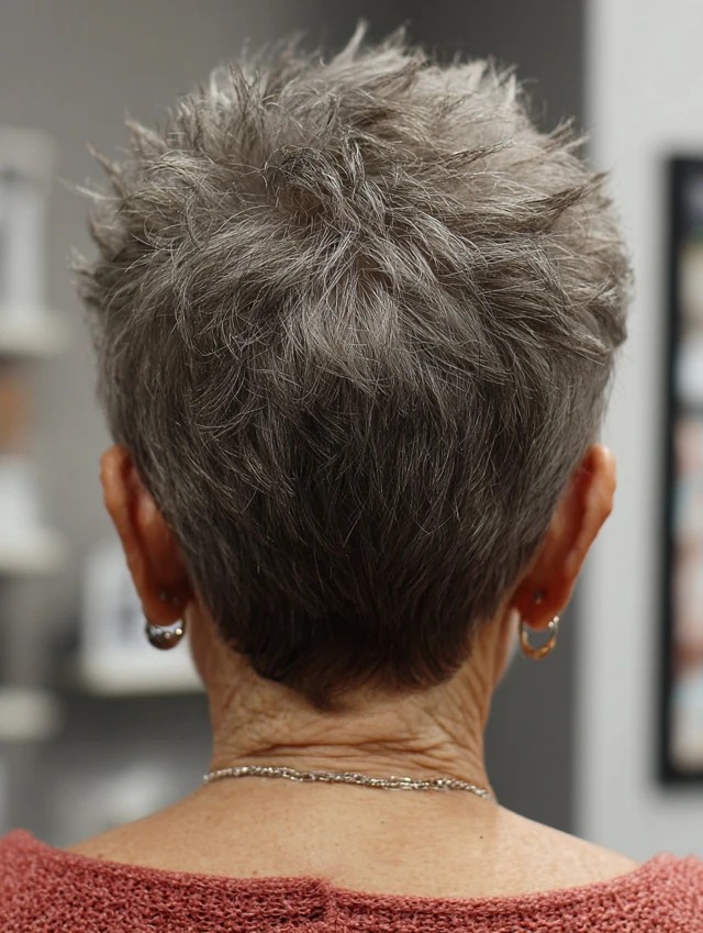 Woman over 70 with a spiky textured crop — short layered haircut back view for women over 70