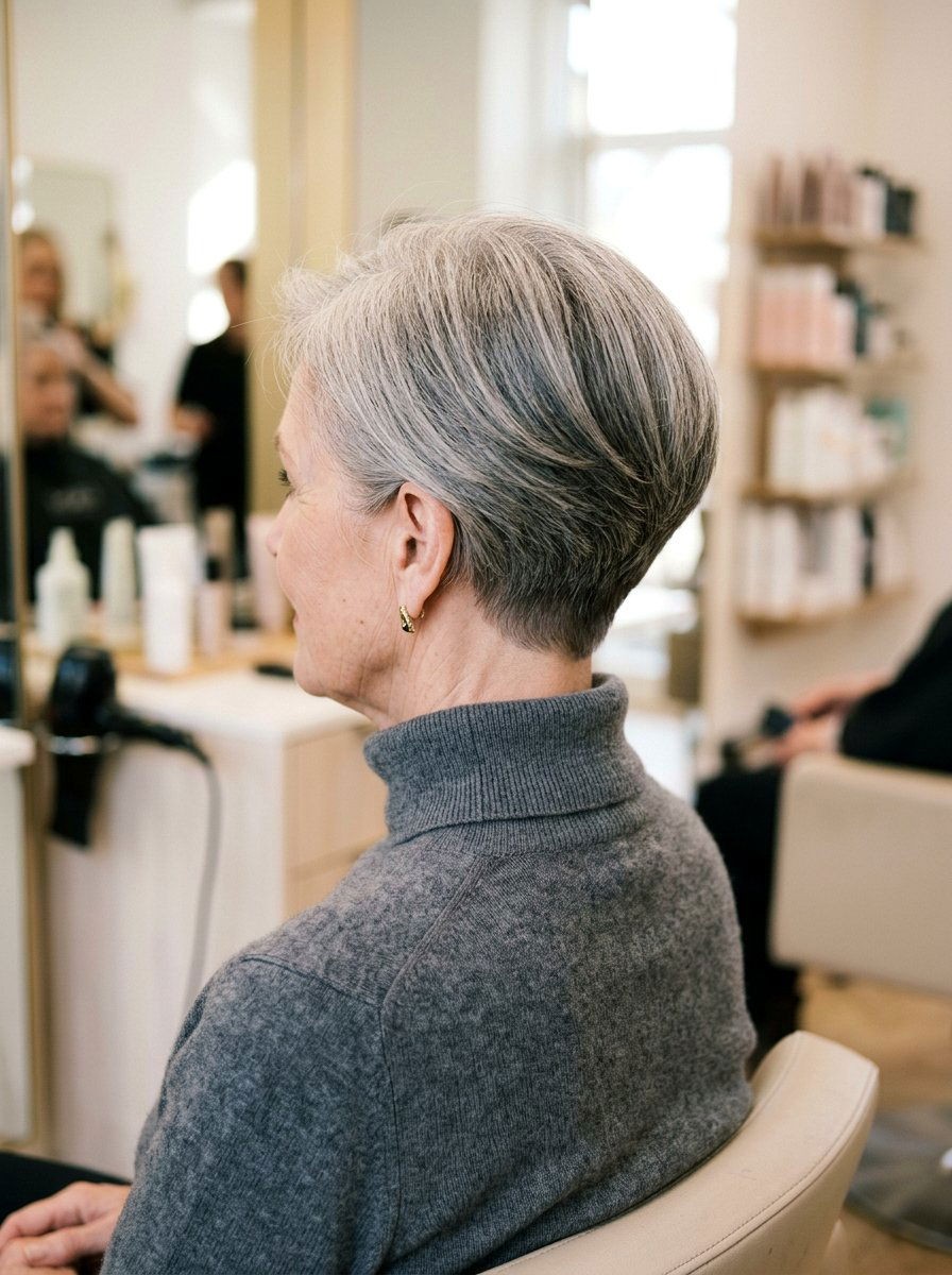 Woman over 70 with a clean salon taper — short layered haircut back view for women over 70