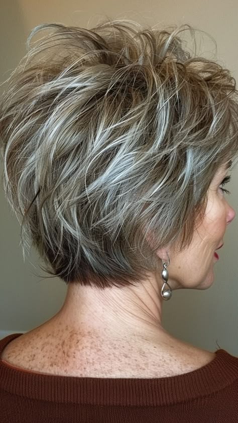 Woman over 70 with a choppy textured crop — short layered haircut back view for women over 70