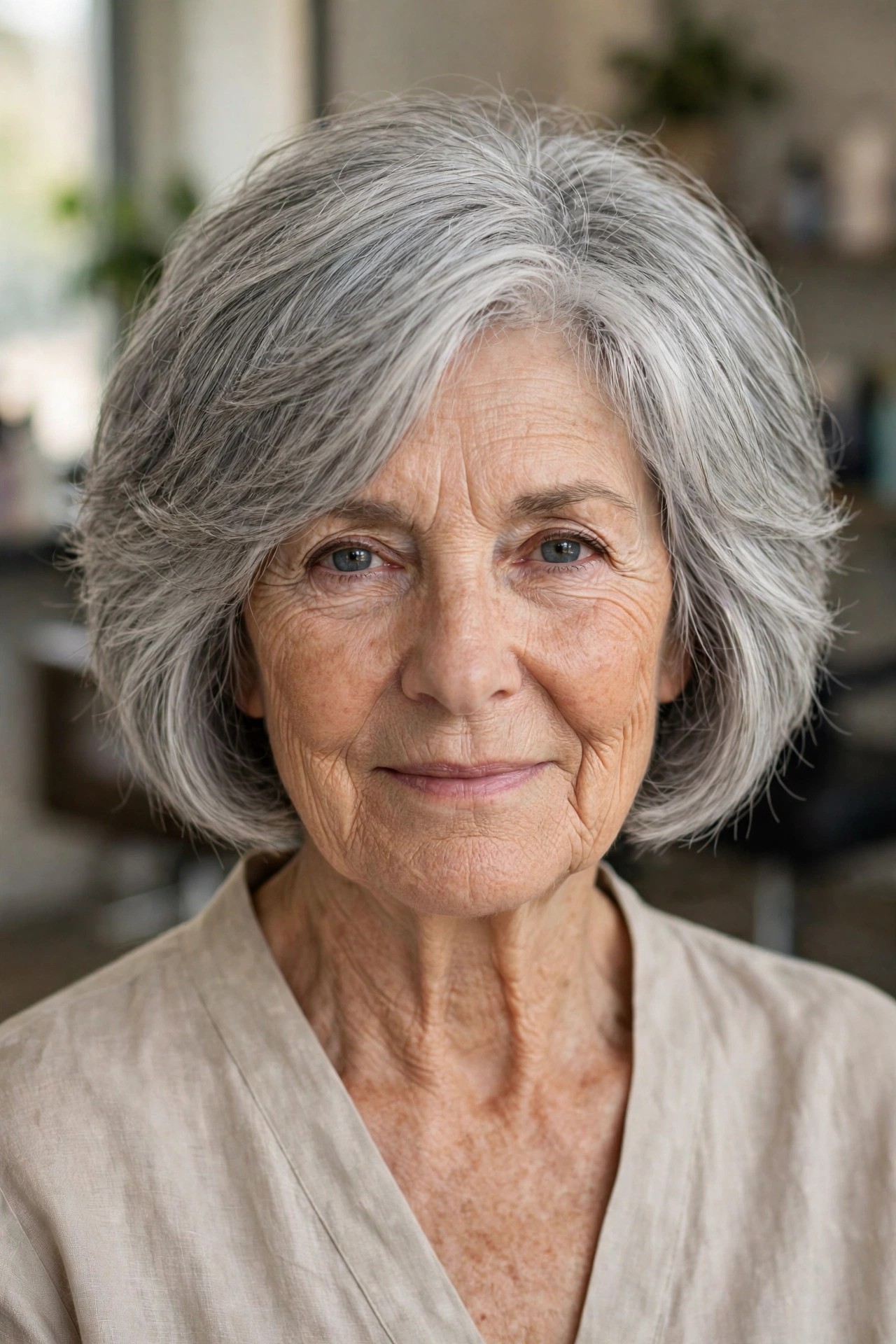 Classic Layered Bob for Thick Silver Hair - short layered haircut for thick gray hair on a woman over 60