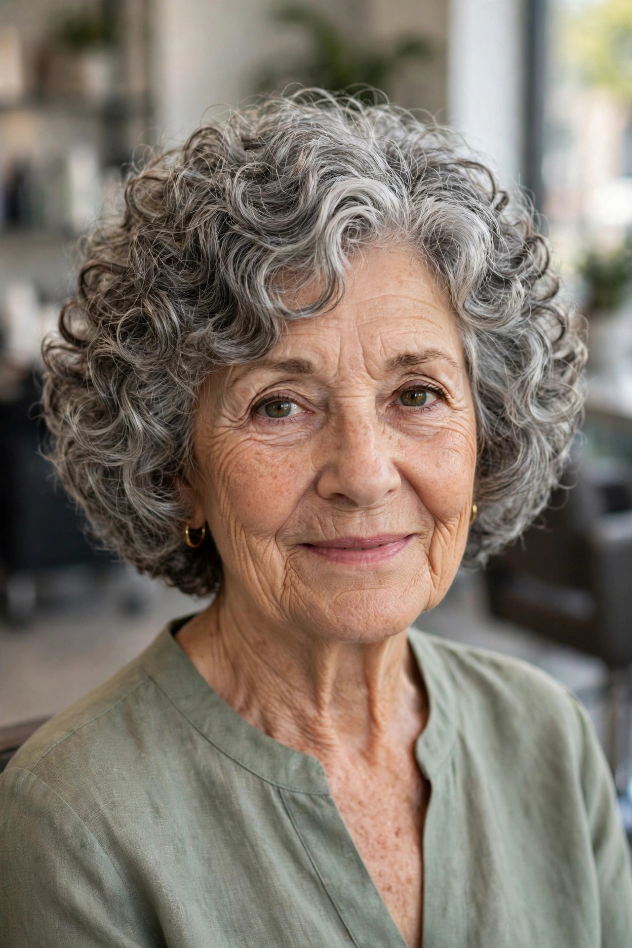 Curly Layered Bob for Thick Gray Curls - short layered haircut for thick gray hair on a woman over 60