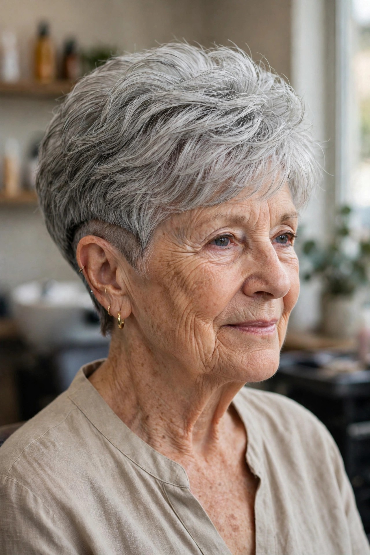 Layered Pixie with Discreet Undercut Bulk Removal - short layered haircut for thick gray hair on a woman over 60