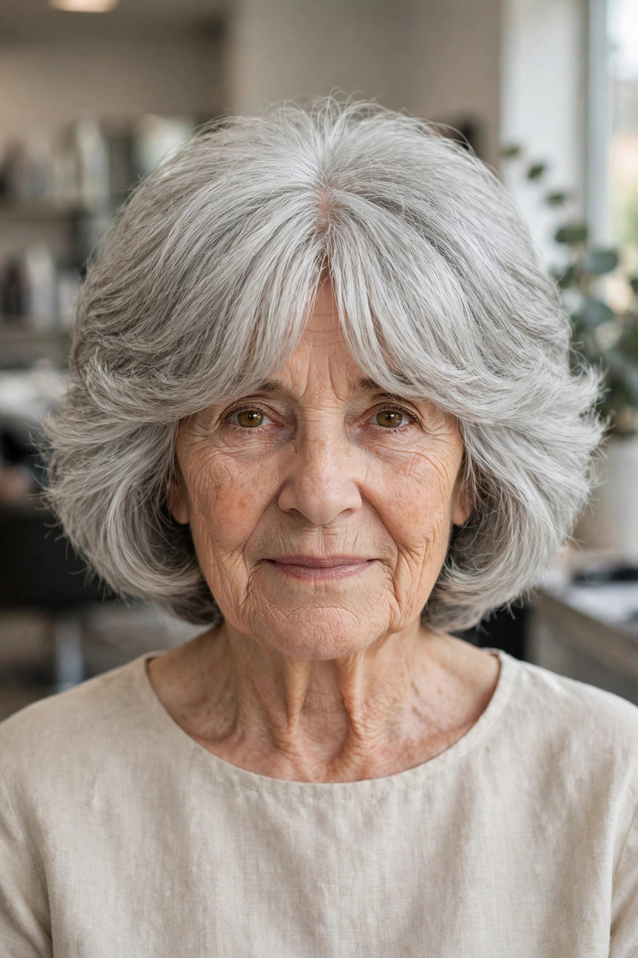Soft Layered Bob with Curtain Bangs - short layered haircut for thick gray hair on a woman over 60