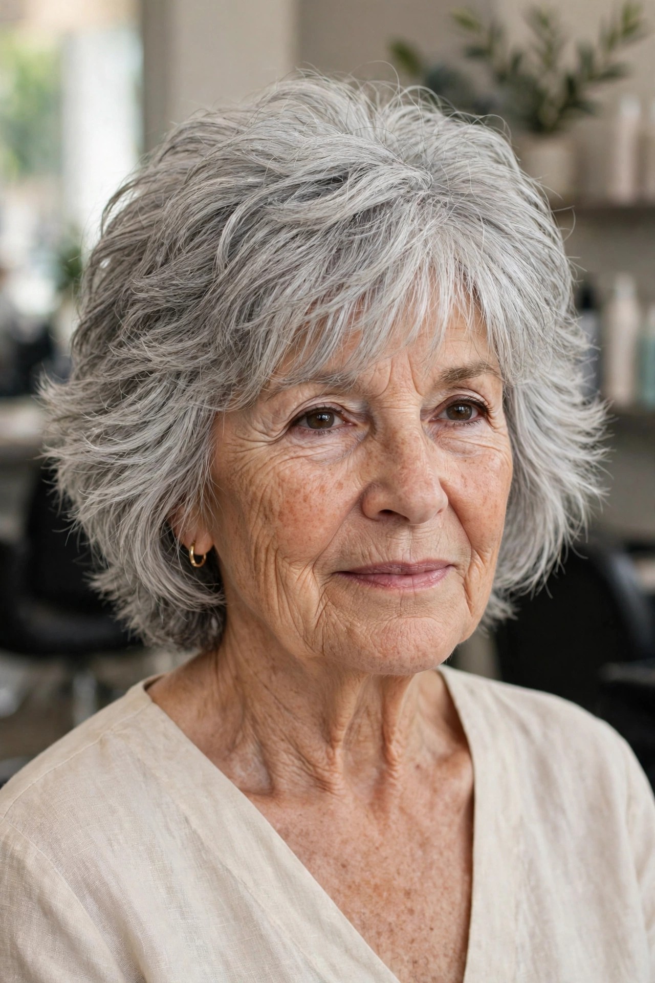 Textured Layers with a Wispy Fringe - short layered haircut for thick gray hair on a woman over 60