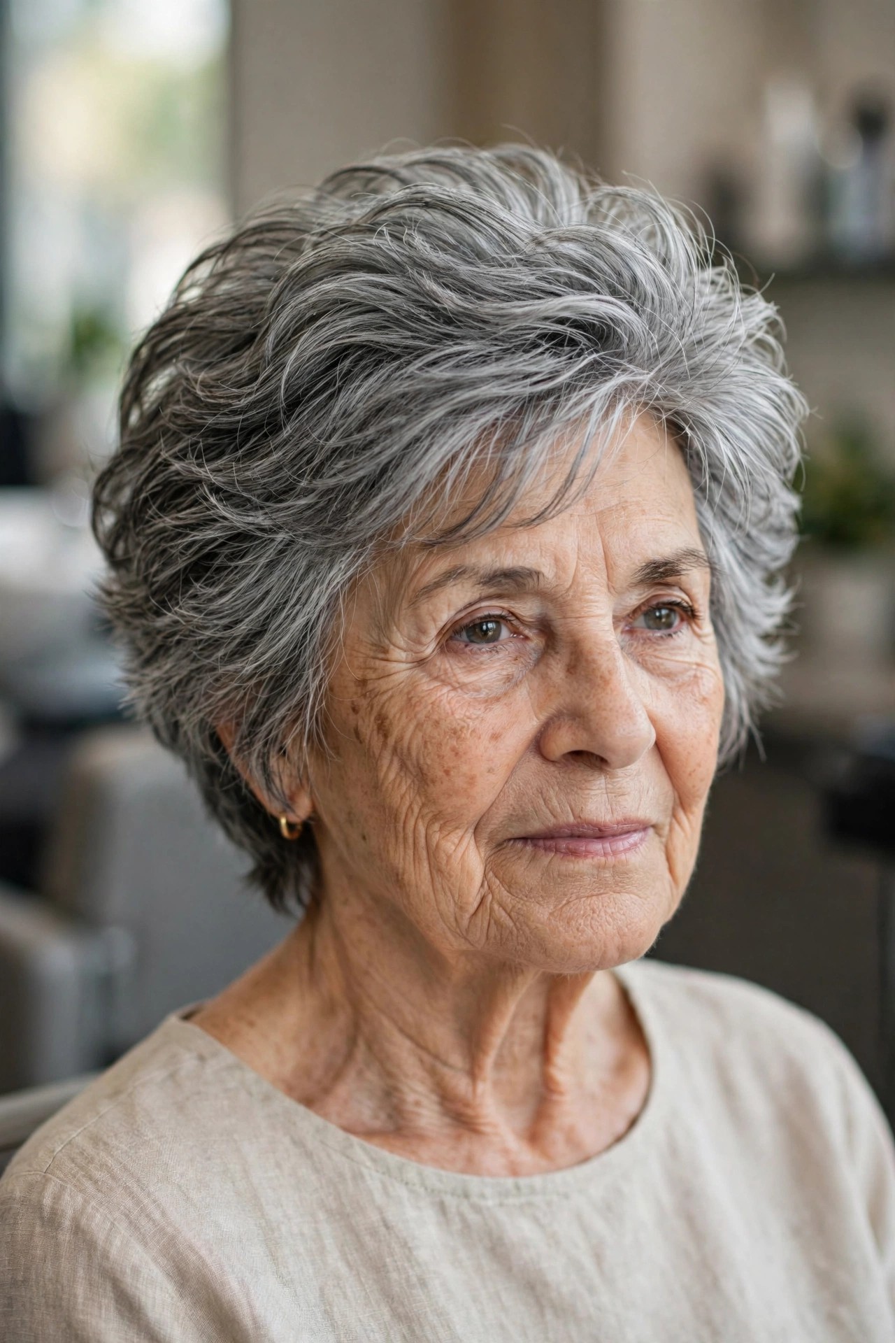 Voluminous Layered Crop with a Swept-Back Top - short layered haircut for thick gray hair on a woman over 60