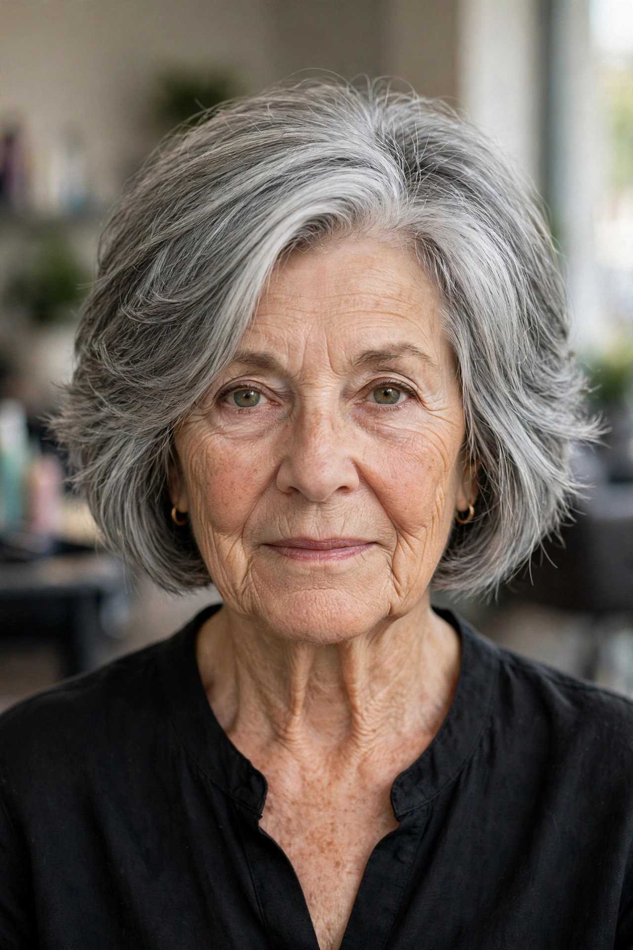 Salt-and-Pepper Layered Bob with a Deep Side Part - short layered haircut for thick gray hair on a woman over 60