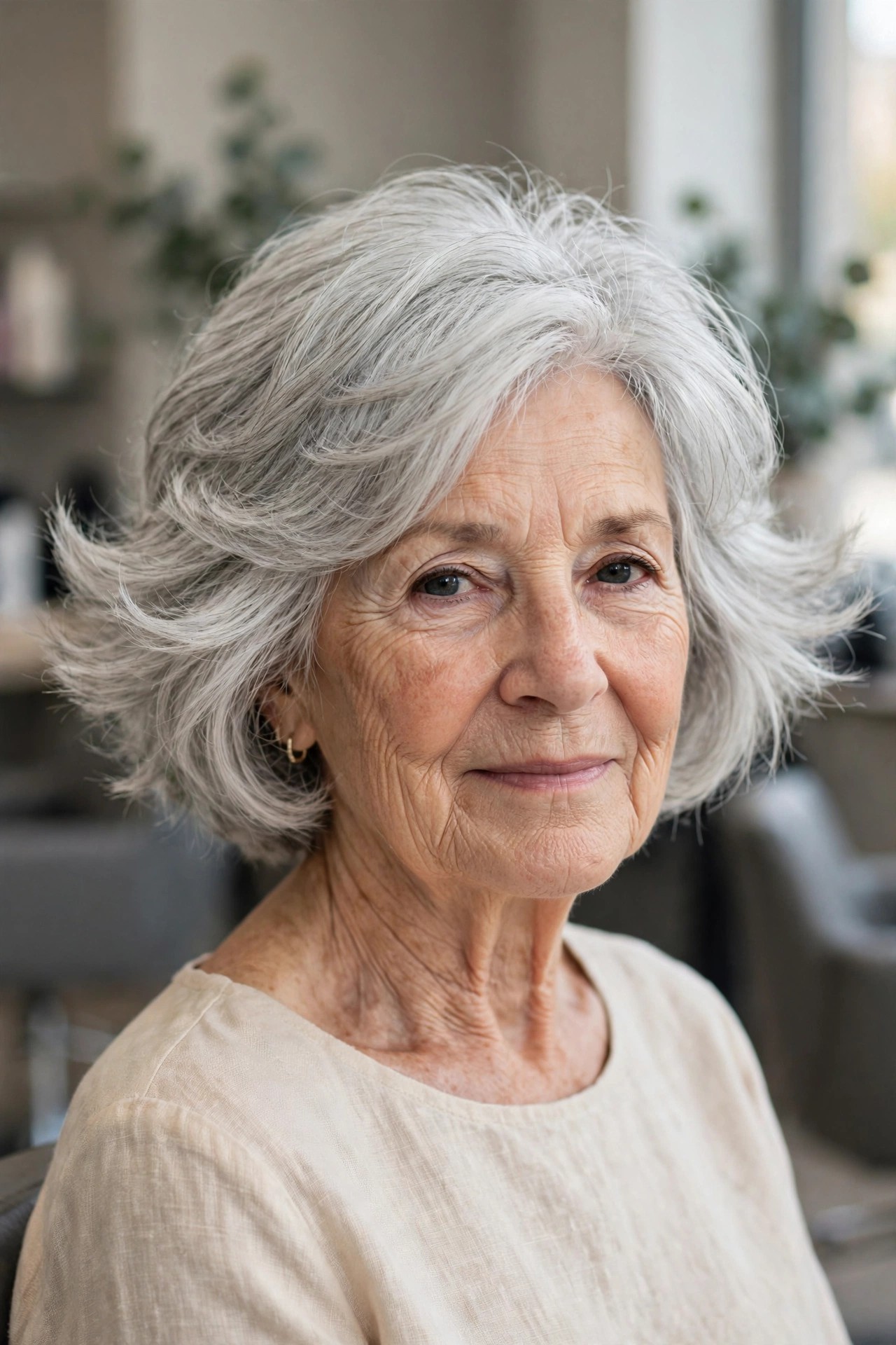 Layered Bob with Flipped Feathered Ends - short layered haircut for thick gray hair on a woman over 60