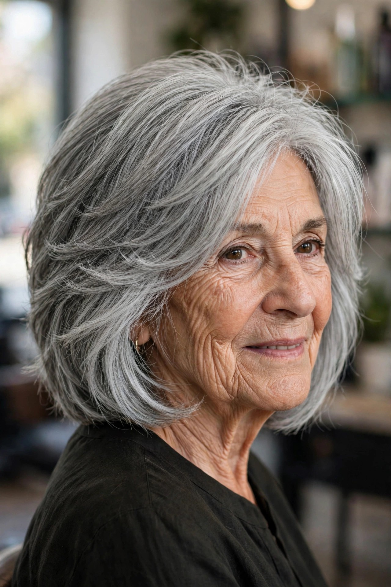 Short Layered Cut with Face-Framing Layers - short layered haircut for thick gray hair on a woman over 60