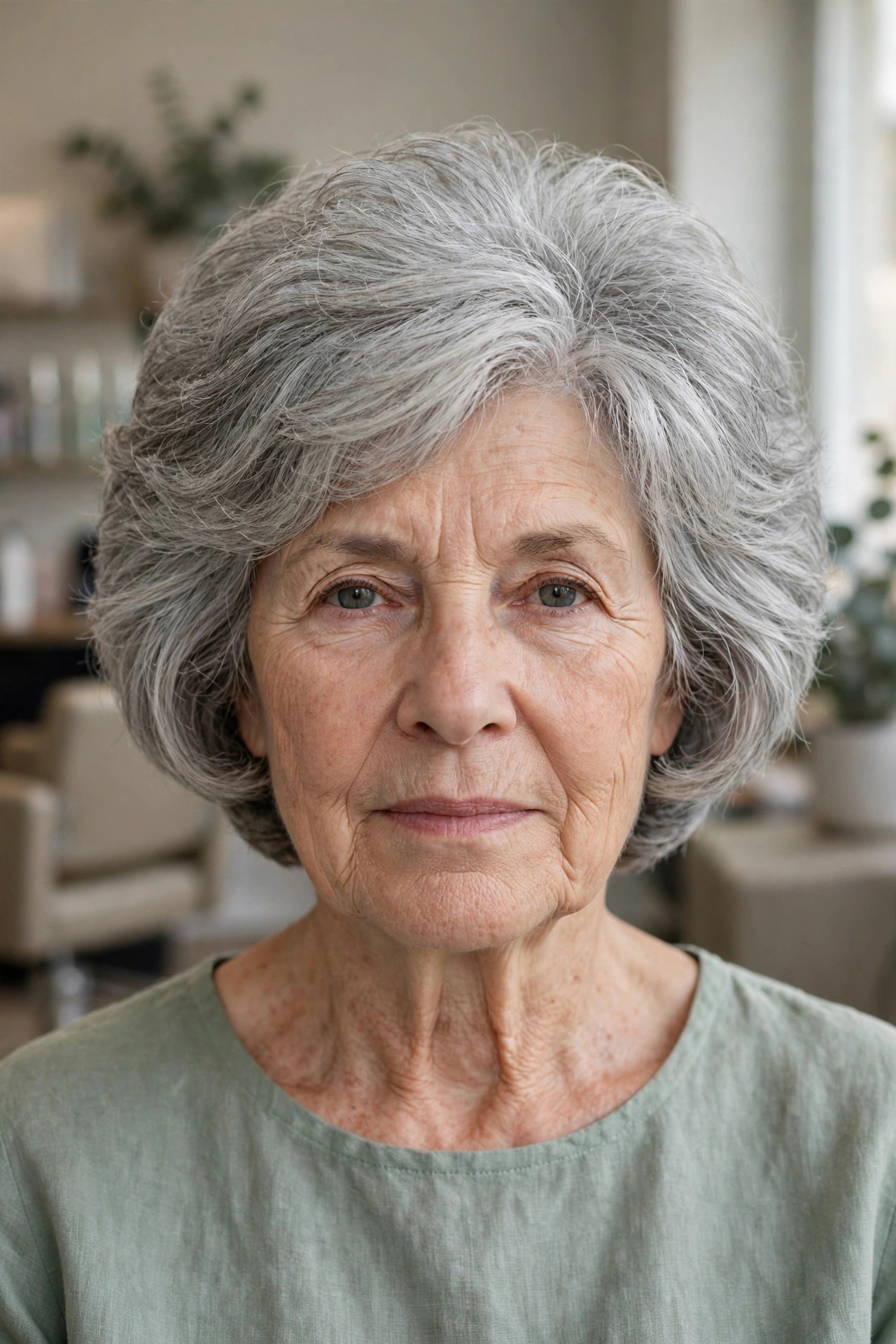 Rounded Layered Bob with Crown Layers - short layered haircut for thick gray hair on a woman over 60