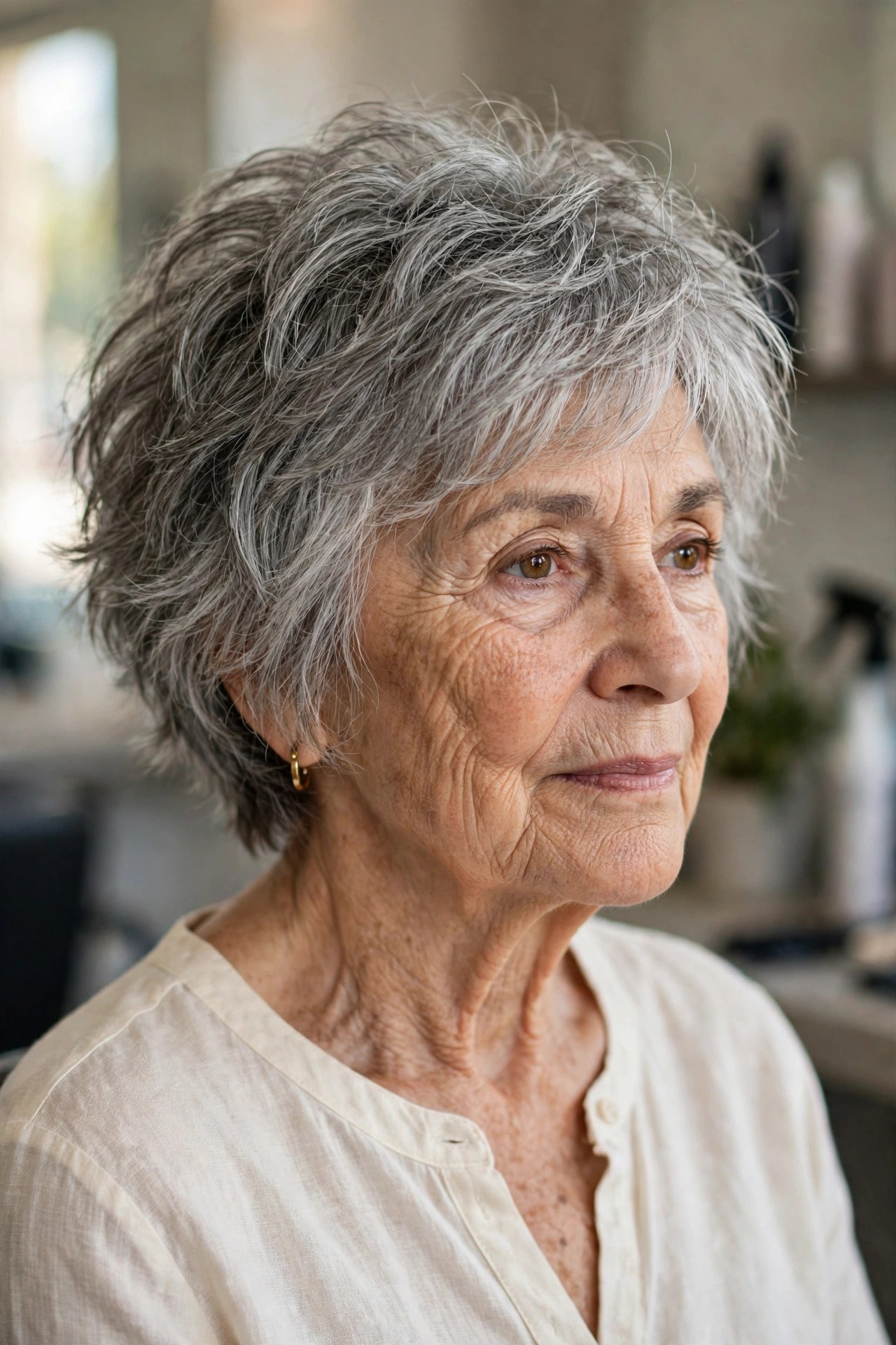 Tousled Layered Pixie Bob with Piecey Ends - short layered haircut for thick gray hair on a woman over 60