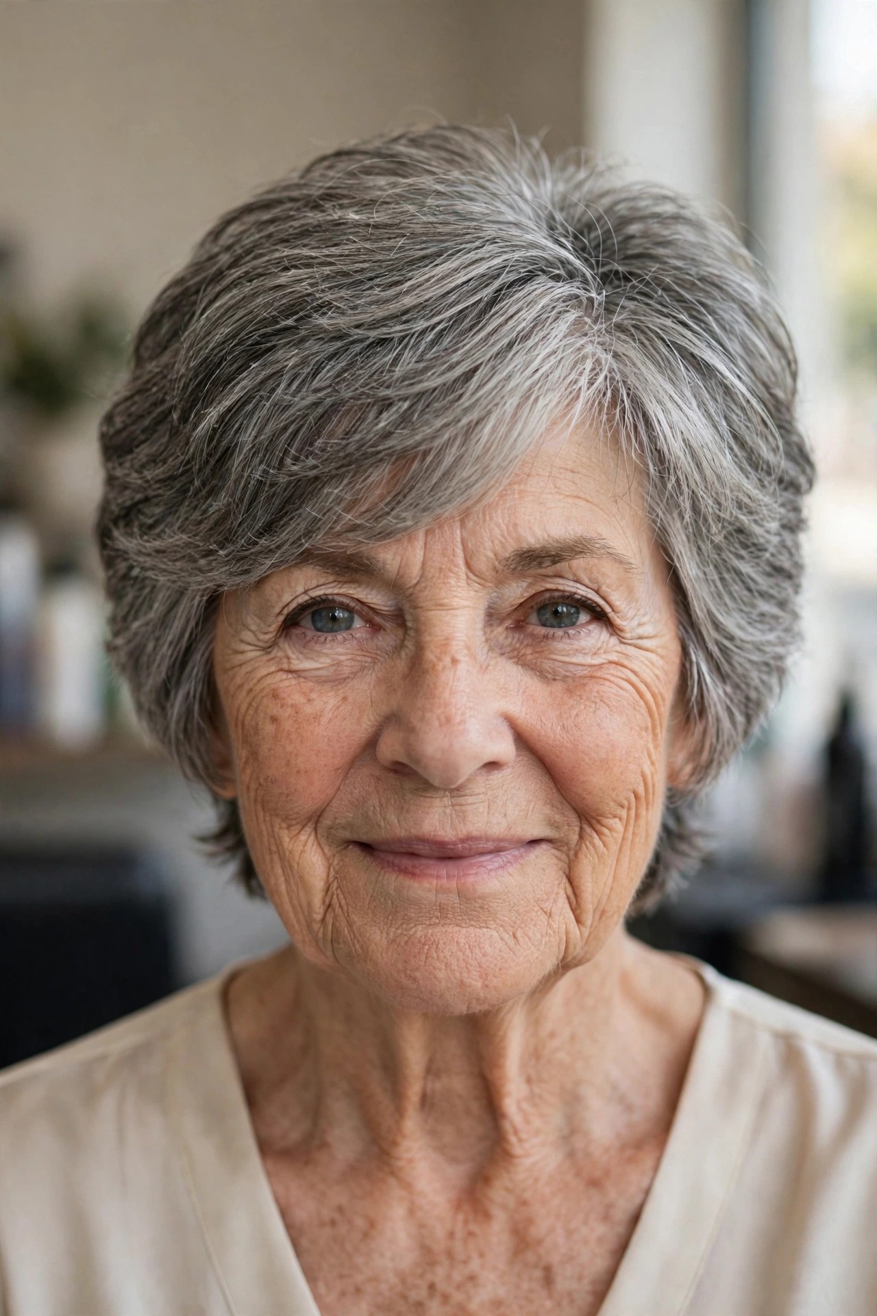 Feathered Layers with a Side-Swept Fringe - short layered haircut for thick gray hair on a woman over 60