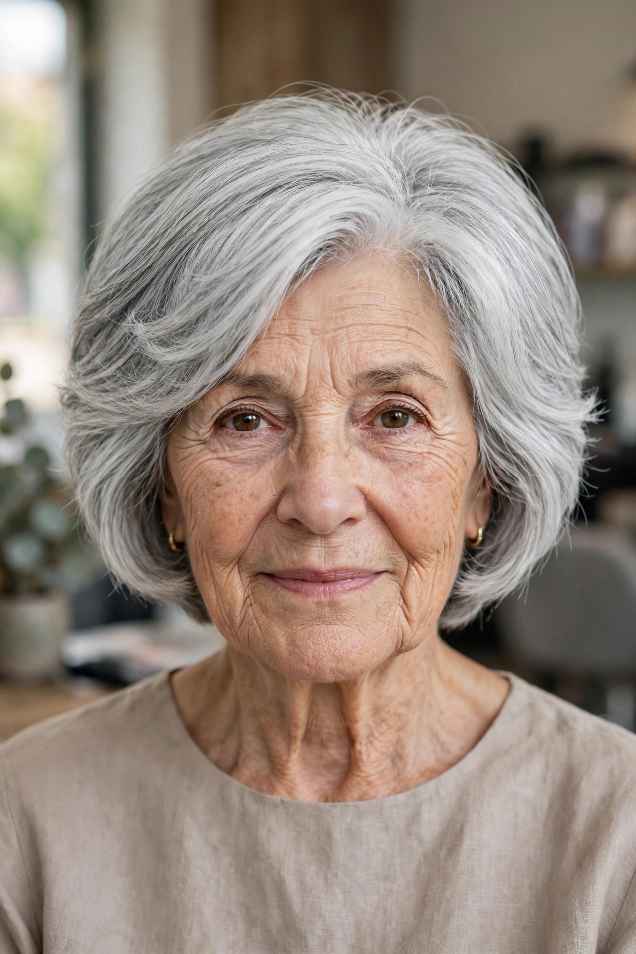 Sleek Layered Bob with Interior Weight Removal - short layered haircut for thick gray hair on a woman over 60