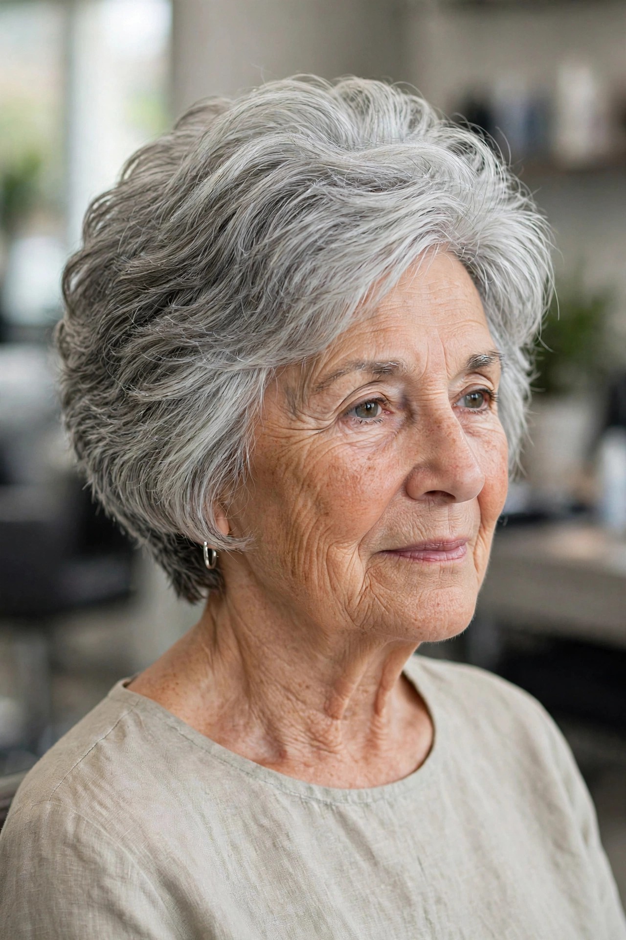 Stacked Layered Bob with a Graduated Back - short layered haircut for thick gray hair on a woman over 60