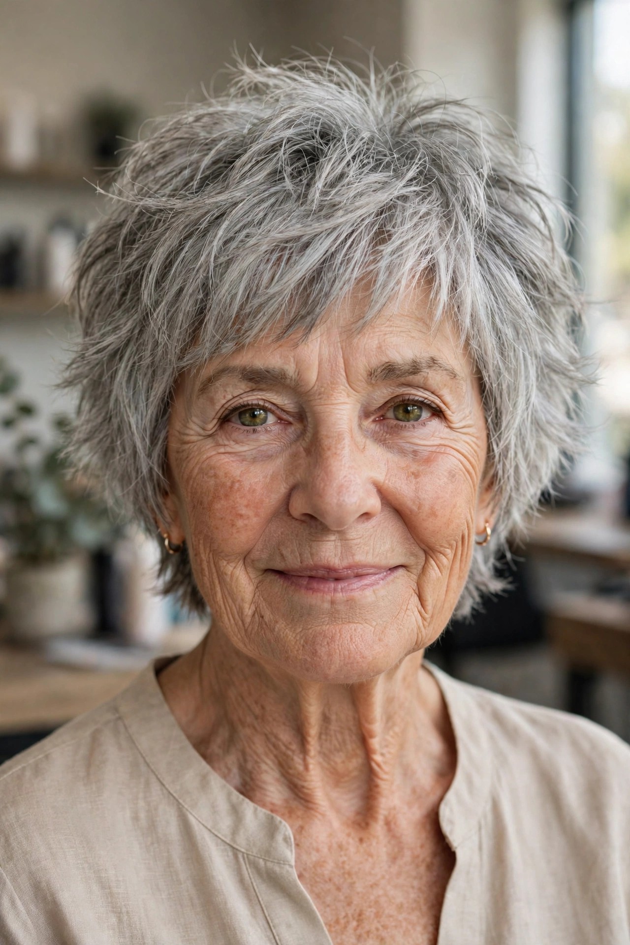 Choppy Textured Pixie Bob - short layered haircut for thick gray hair on a woman over 60