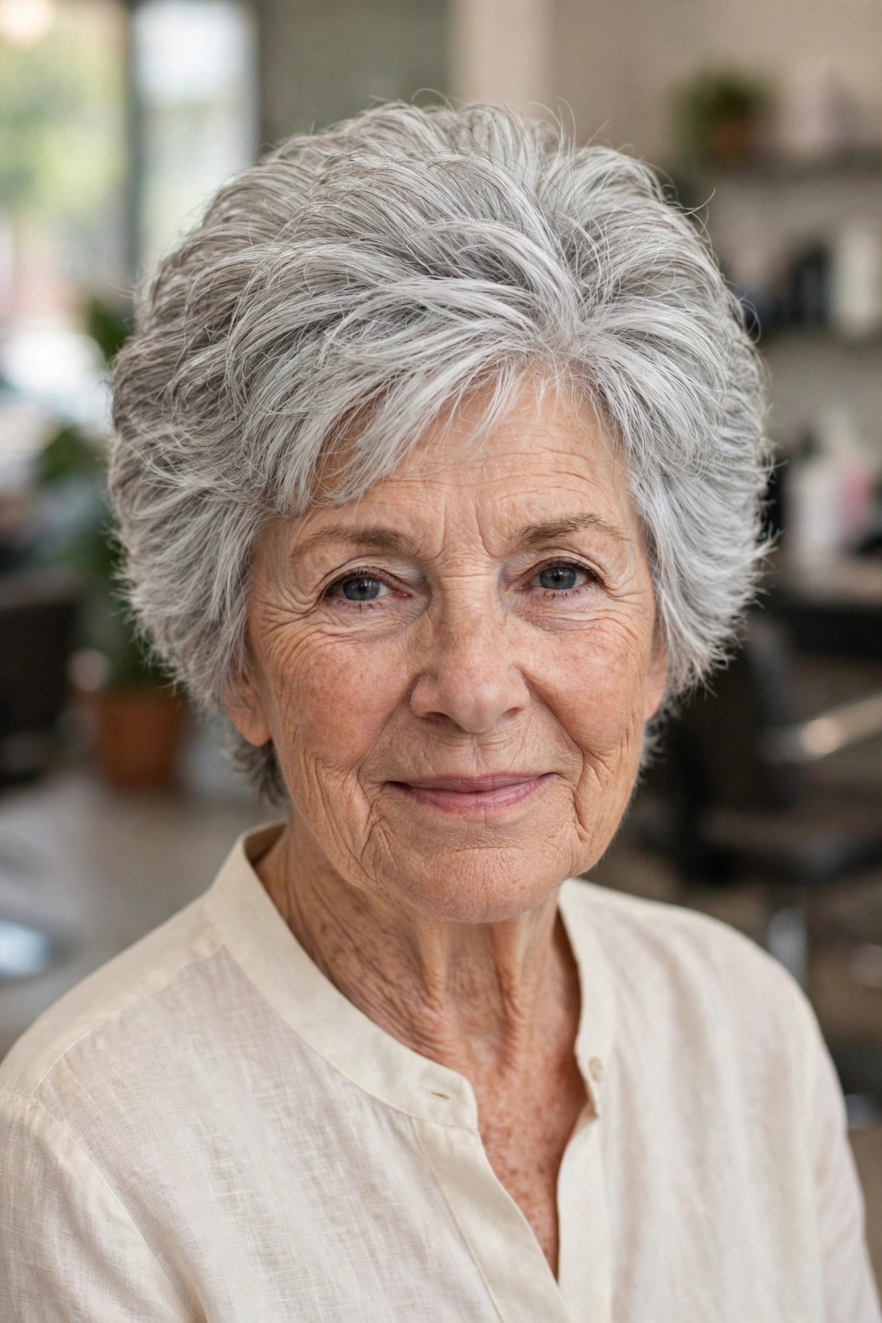 Layered Crop with Long Crown Layers - short layered haircut for thick gray hair on a woman over 60
