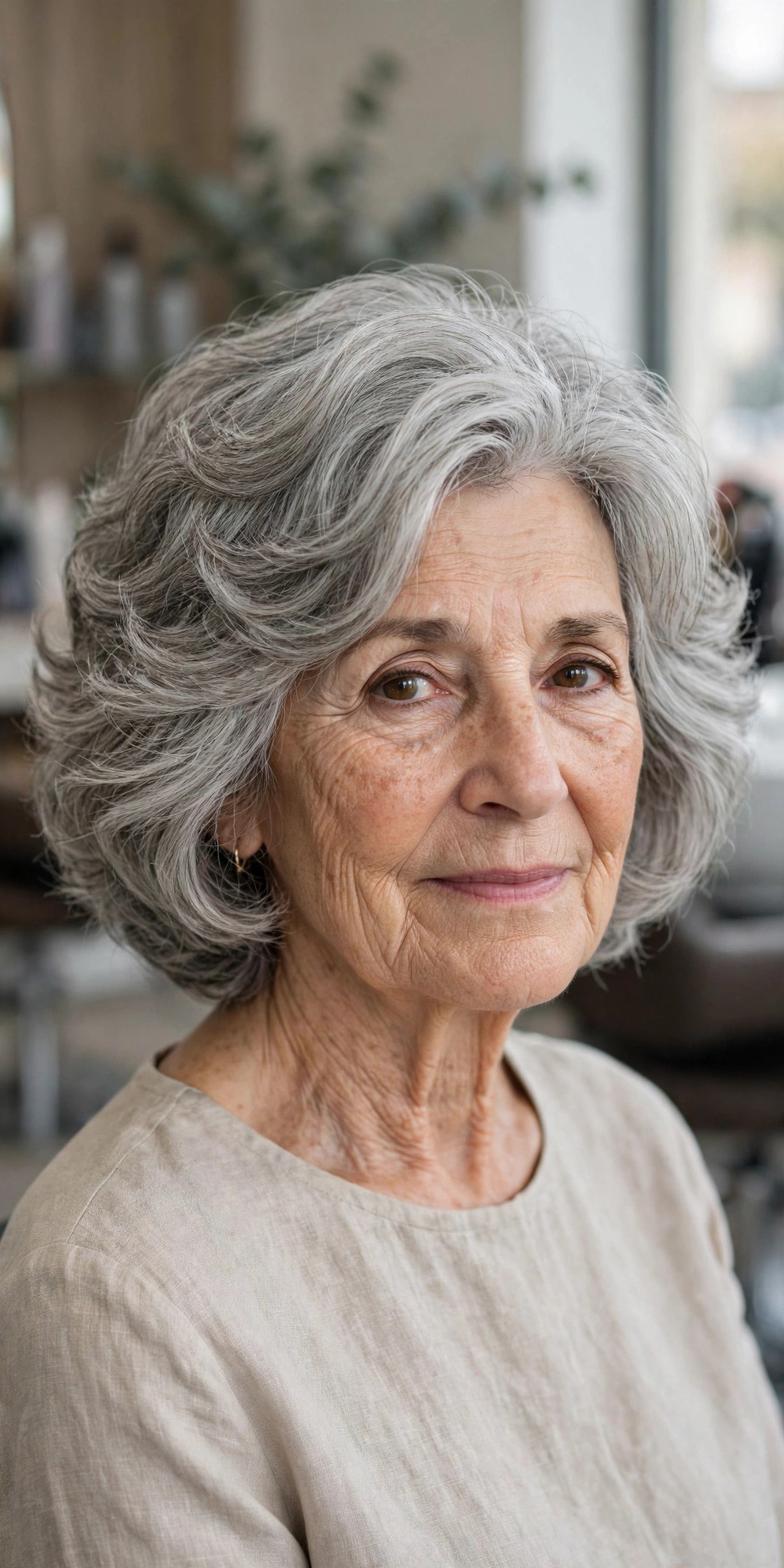 Wavy Layered Bob with Soft Movement - short layered haircut for thick gray hair on a woman over 60