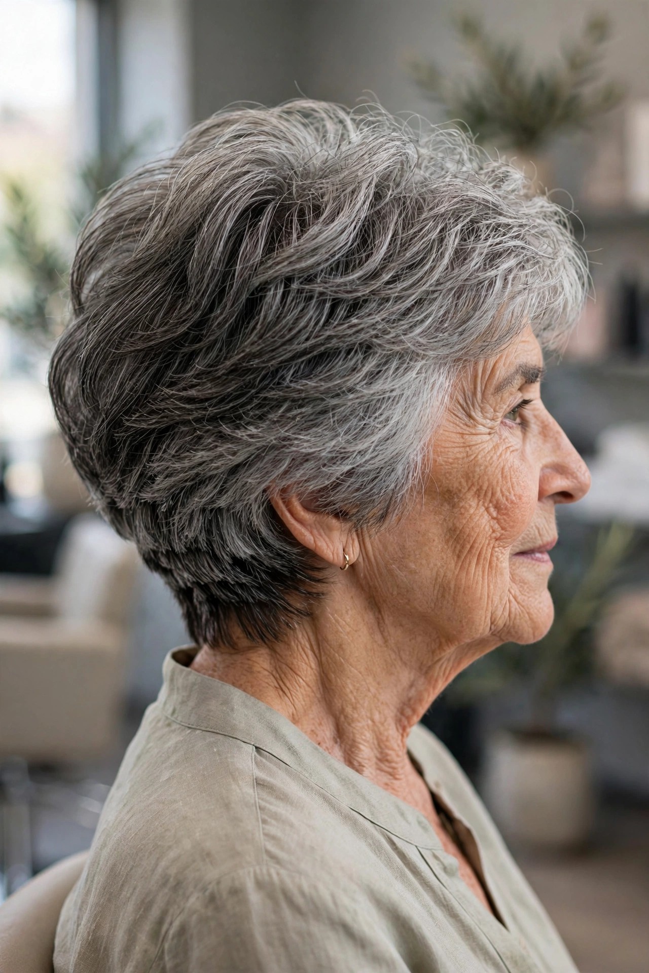 Graduated Layers with a Tapered Nape - short layered haircut for thick gray hair on a woman over 60