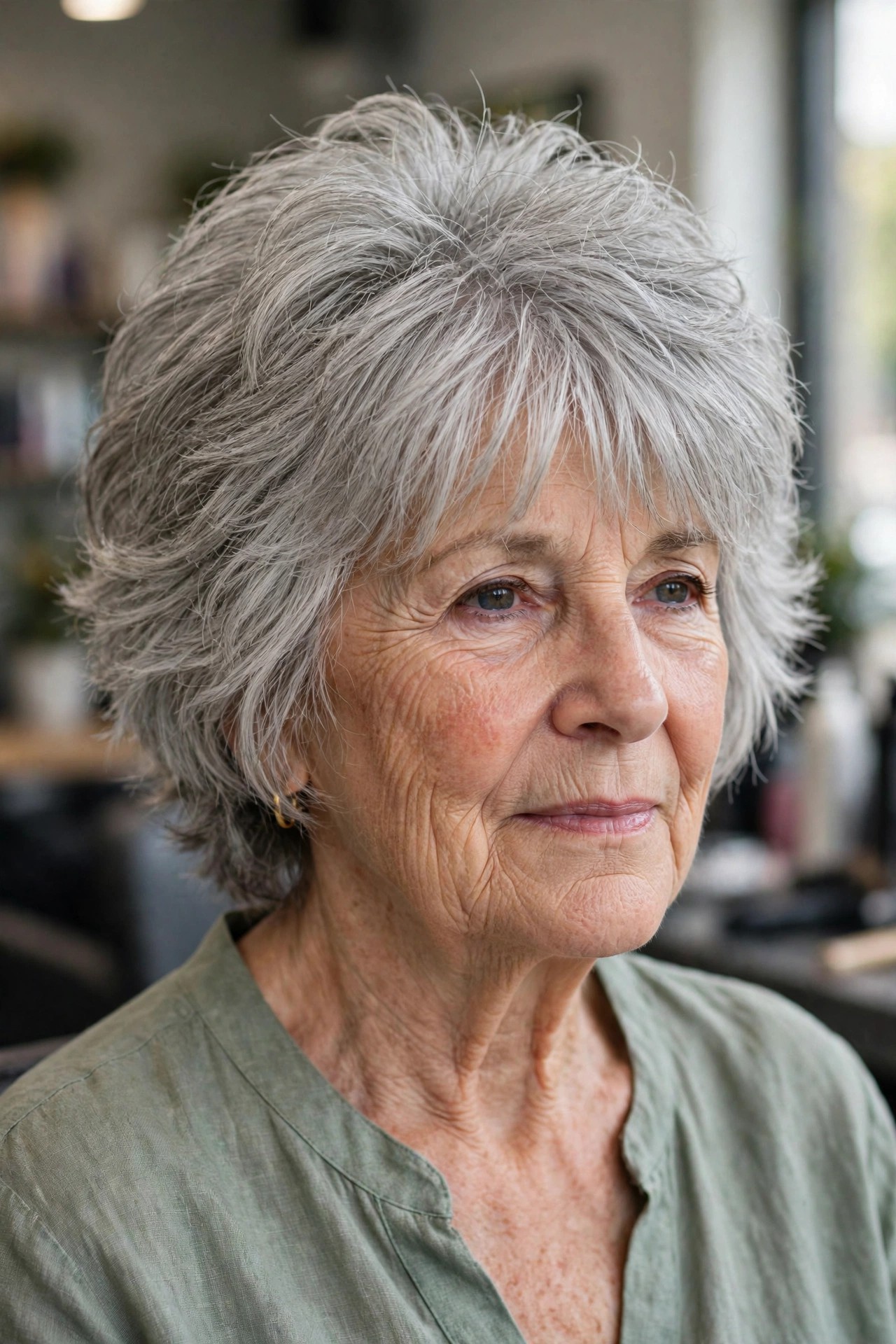 Short Shag with Feathered Layers - short layered haircut for thick gray hair on a woman over 60