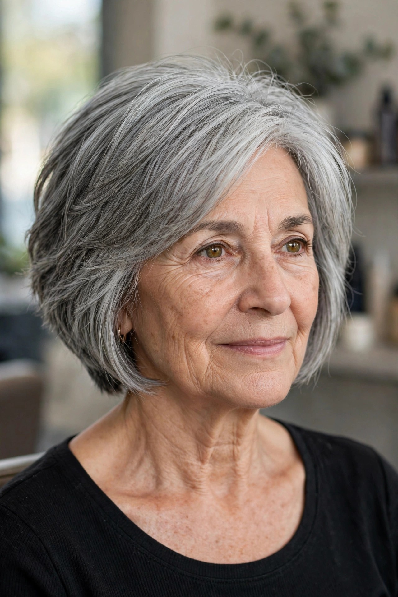Angled Layered Bob, Longer in Front - short layered haircut for thick gray hair on a woman over 60