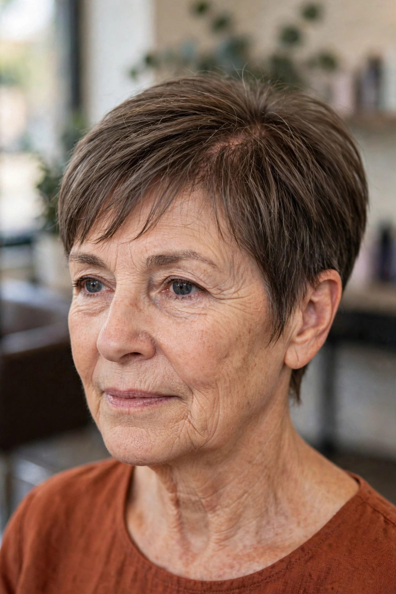 Layered Crop with a Tapered Nape - short layered haircut for thinning hair on a woman over 50