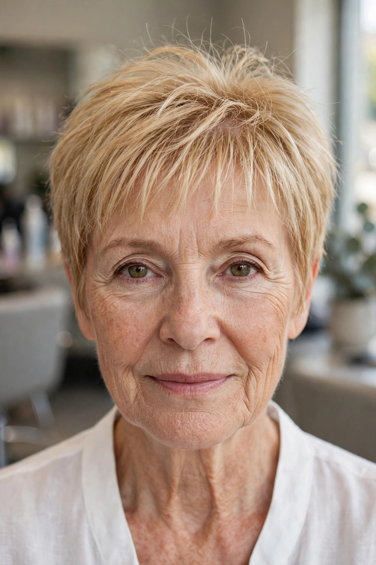 Volumized Pixie with a Piecey Fringe - short layered haircut for thinning hair on a woman over 50