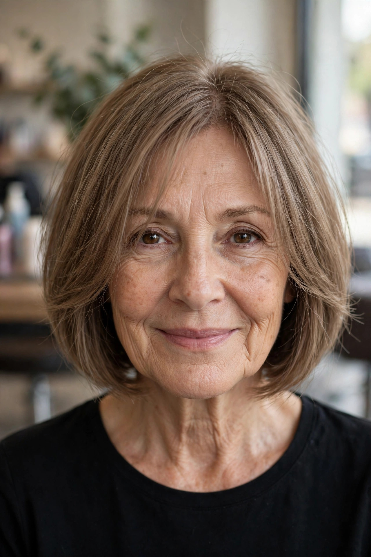 Layered French Bob with a Curtain Fringe - short layered haircut for thinning hair on a woman over 50