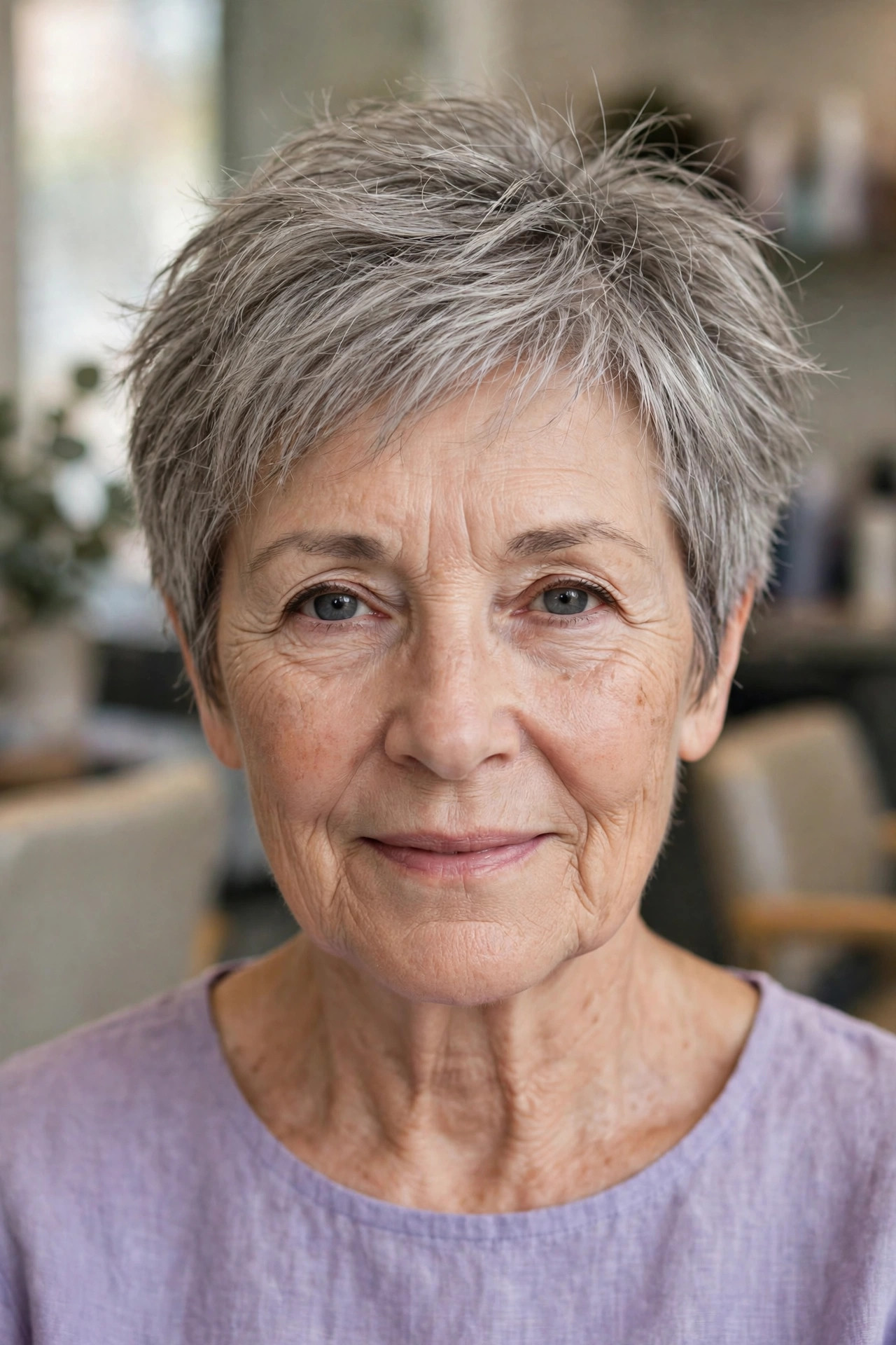 Tousled Layered Crop with Flicked Ends - short layered haircut for thinning hair on a woman over 50