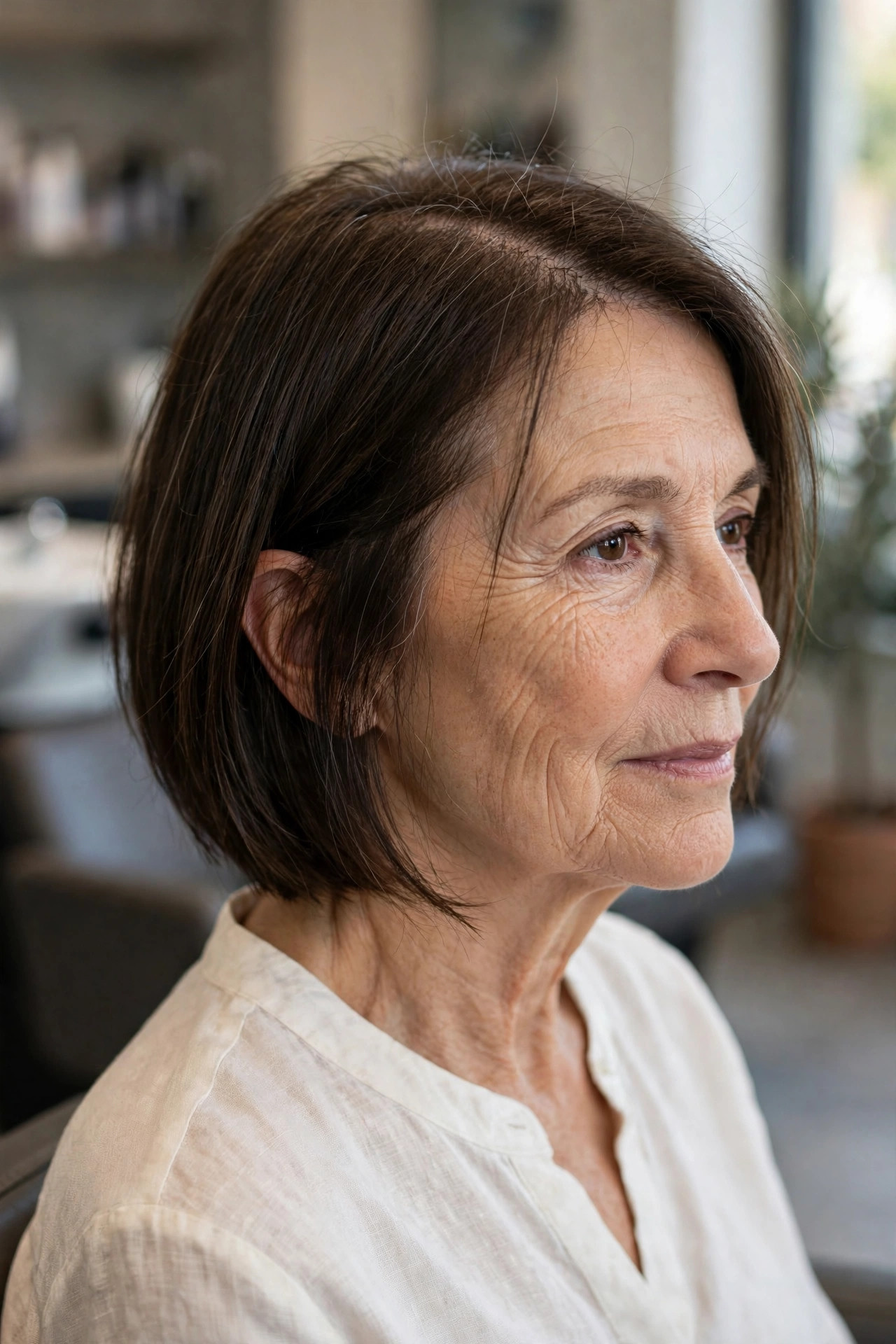 Layered A-Line Bob - short layered haircut for thinning hair on a woman over 50