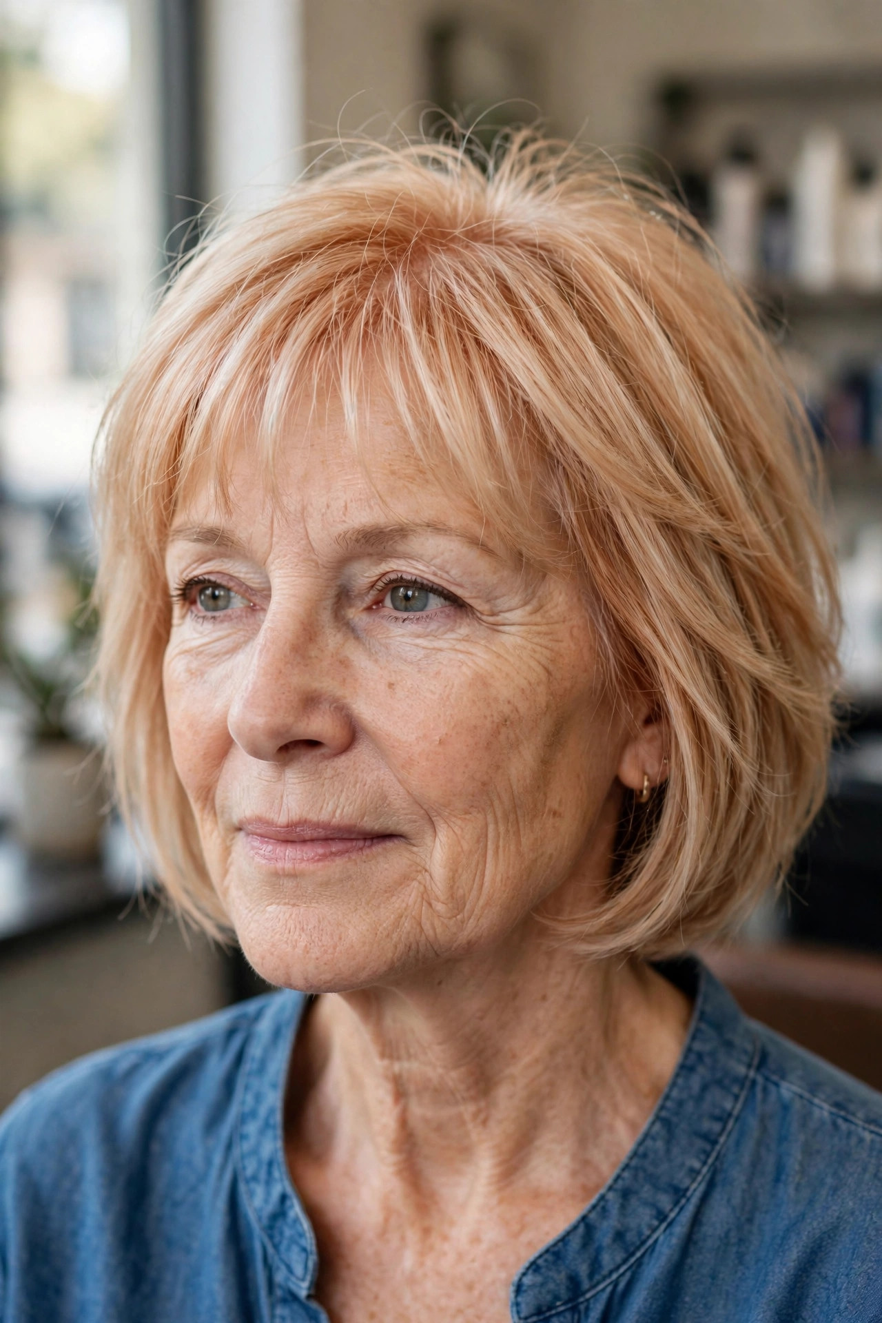 Crown-Layered Bob with Wispy Bangs - short layered haircut for thinning hair on a woman over 50