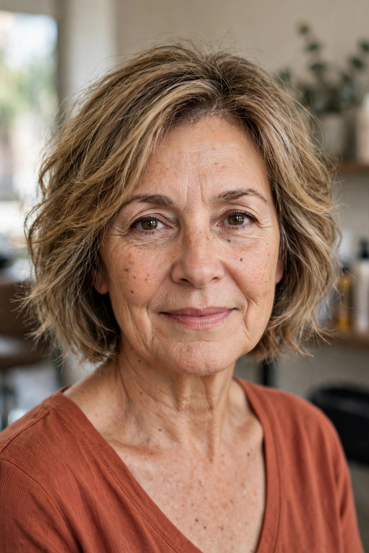 Shaggy Layered Bob with Soft Waves - short layered haircut for thinning hair on a woman over 50