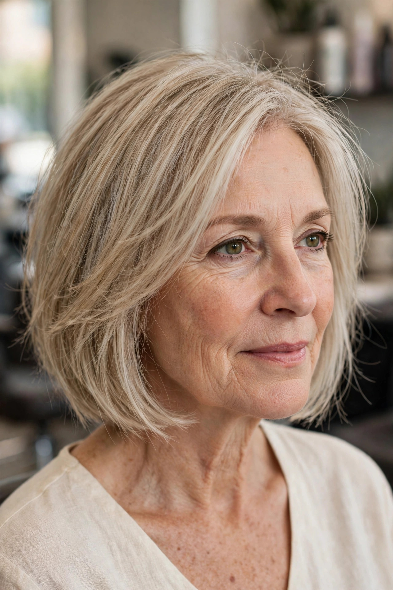 Chin-Length Layered Bob with Wispy Ends - short layered haircut for thinning hair on a woman over 50