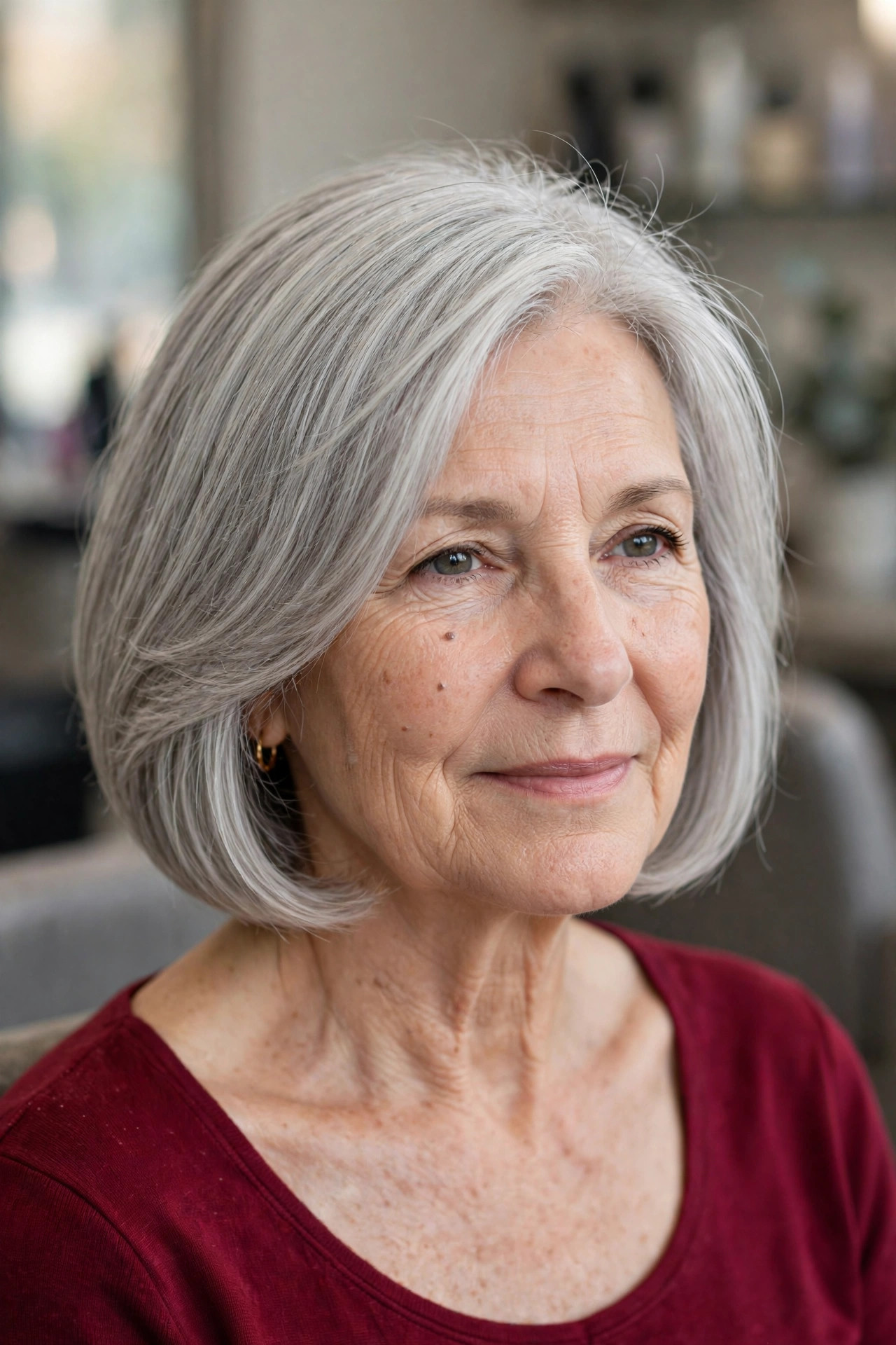 Sleek Layered Bob with Curved-Under Ends - short layered haircut for thinning hair on a woman over 50