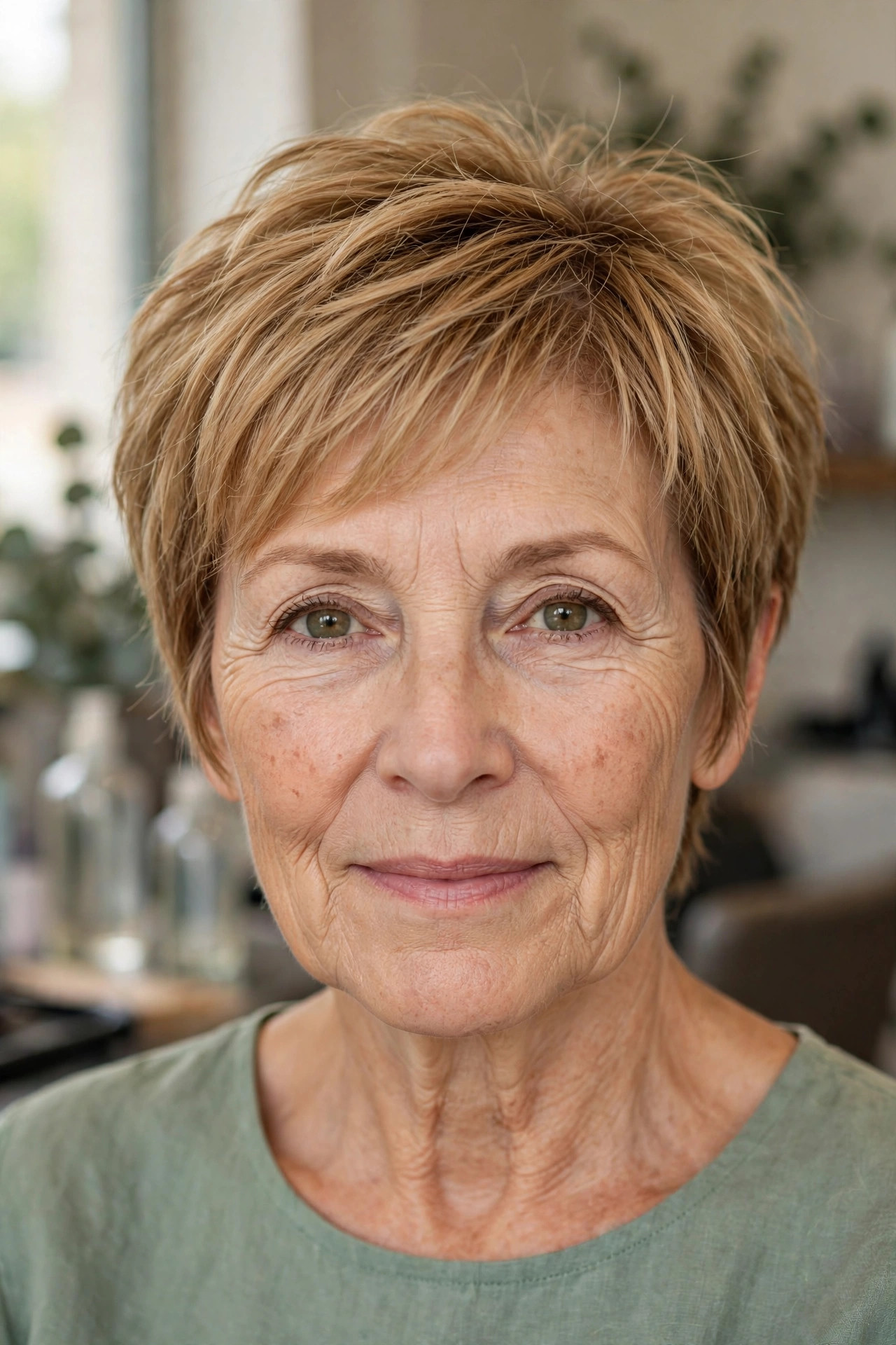 Textured Bixie with Feathered Layers - short layered haircut for thinning hair on a woman over 50
