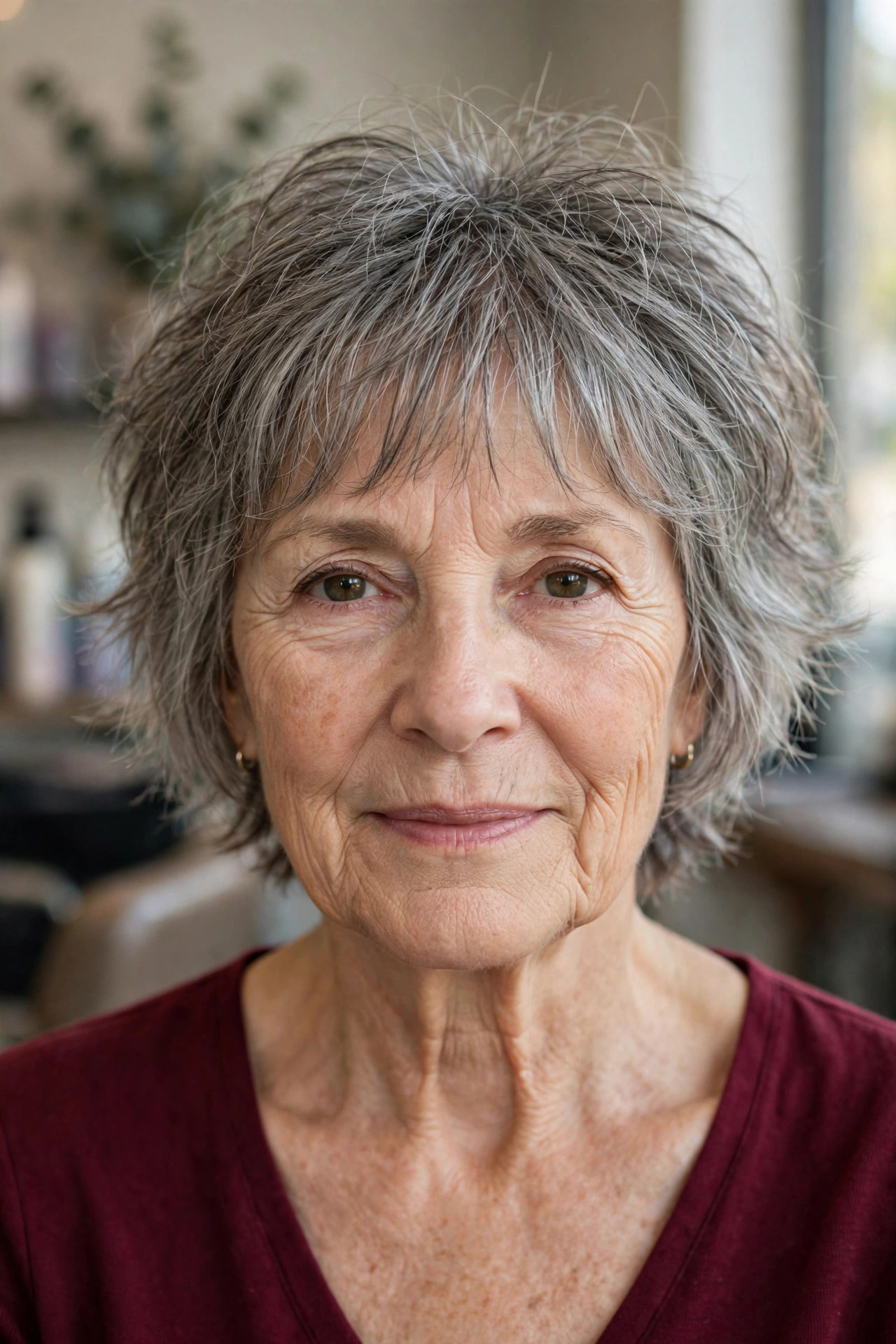 Short Shag with Choppy Layers - short layered haircut for thinning hair on a woman over 50