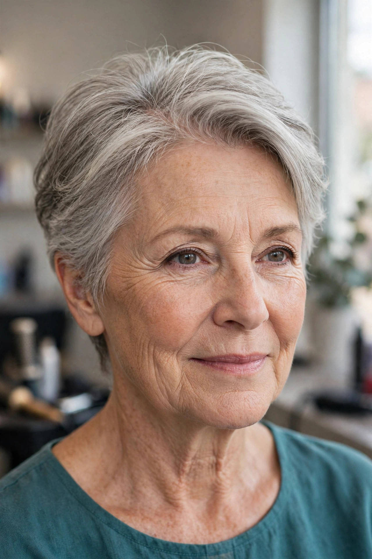 Feathered Layered Crop - short layered haircut for thinning hair on a woman over 50