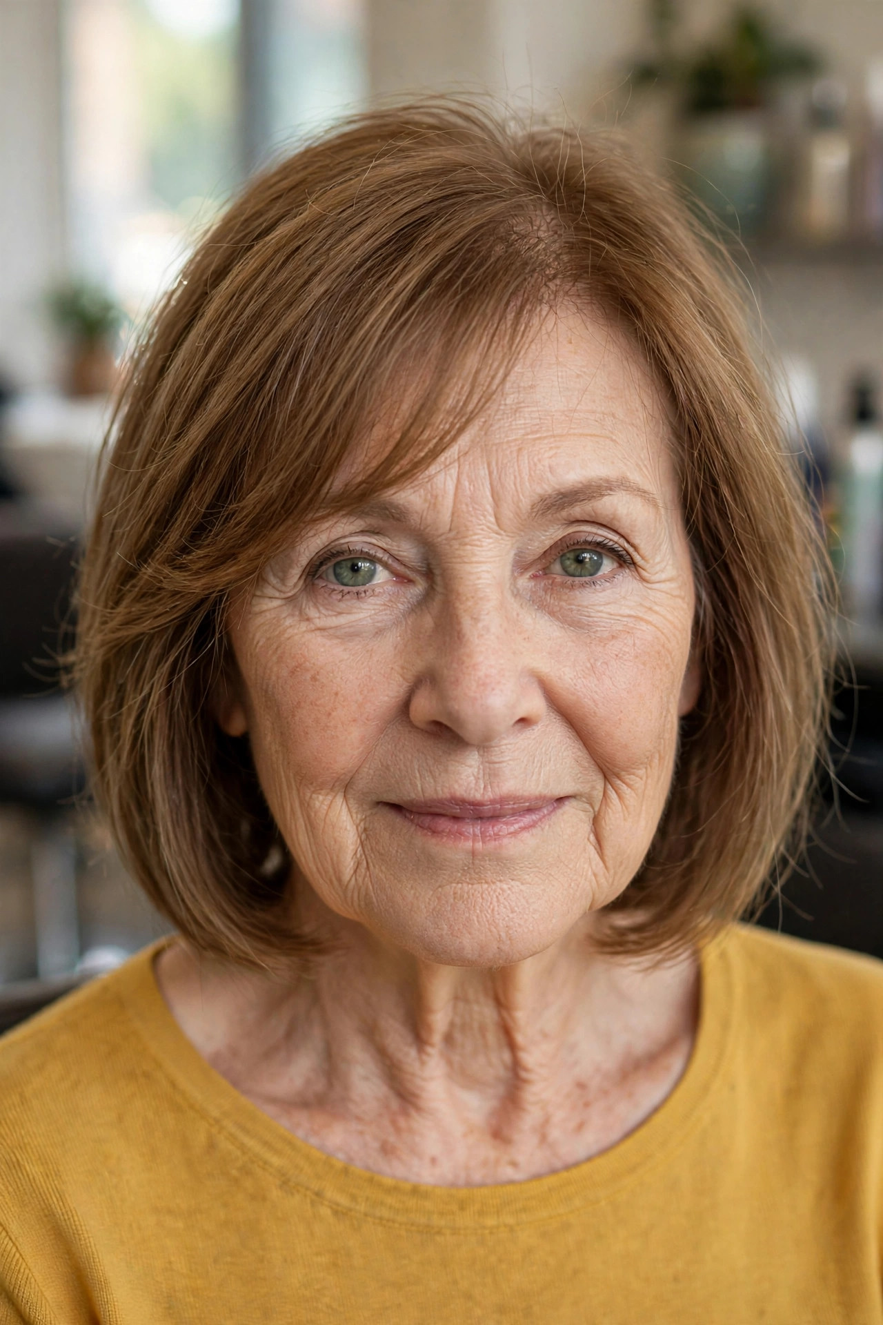 Layered Bob with Side-Swept Bangs - short layered haircut for thinning hair on a woman over 50