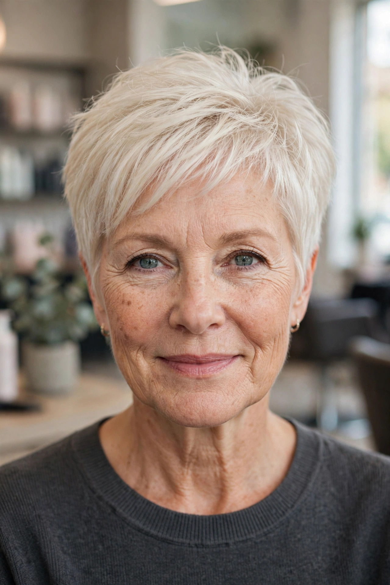 Wispy Pixie-Bob with a Longer Top - short layered haircut for thinning hair on a woman over 50