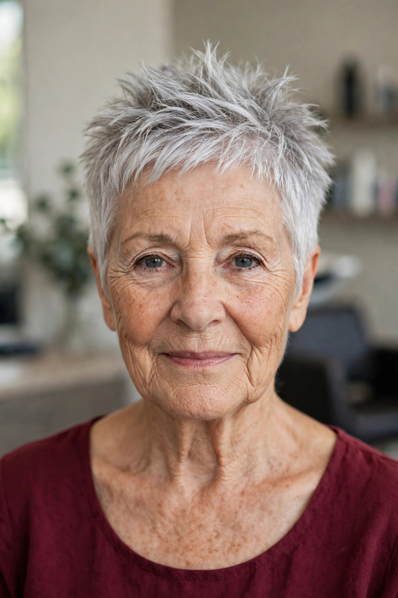 short spiky silver pixie haircut with lifted crown on a woman over 60