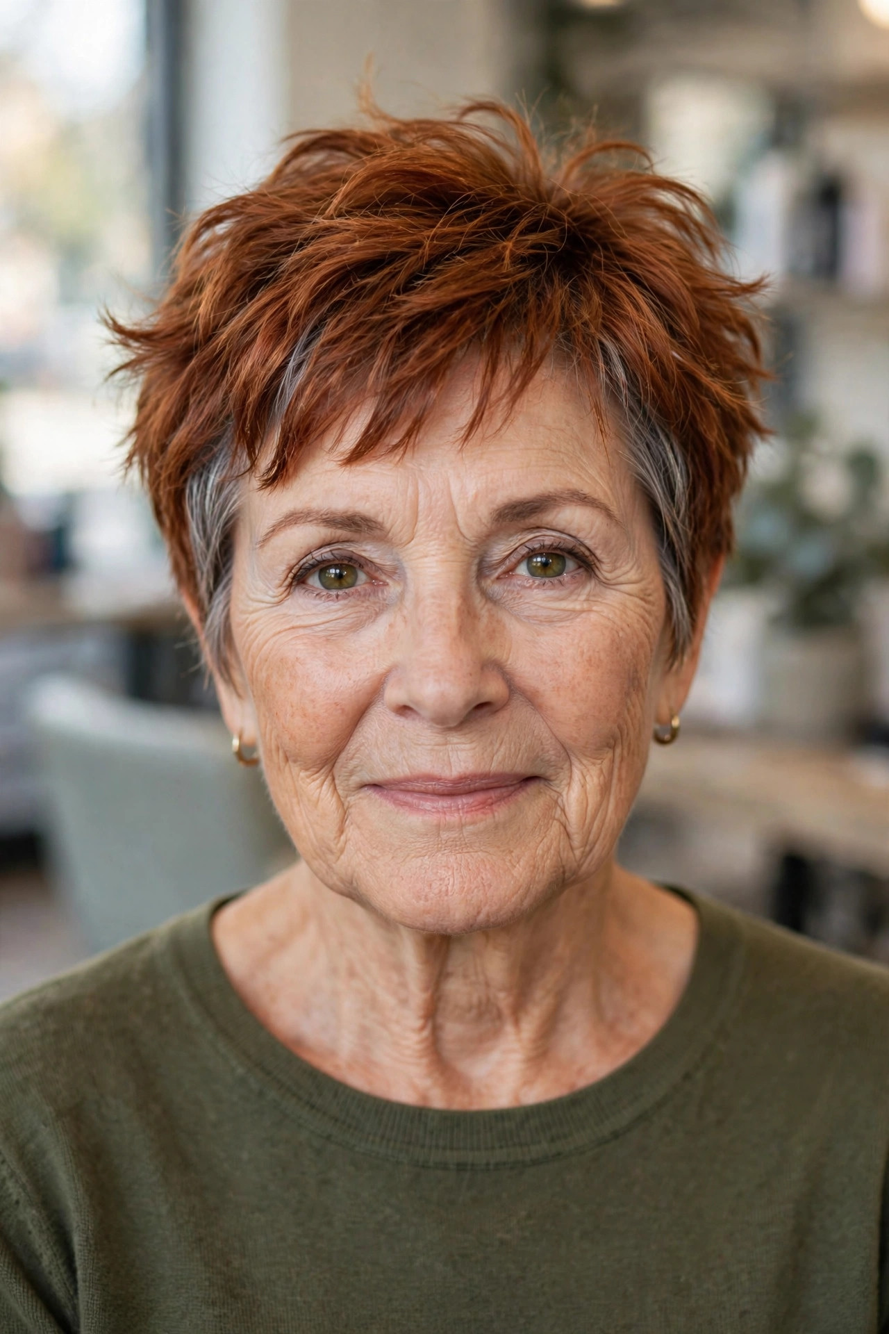 short auburn pixie haircut with flicked out layers and copper color on a woman over 60
