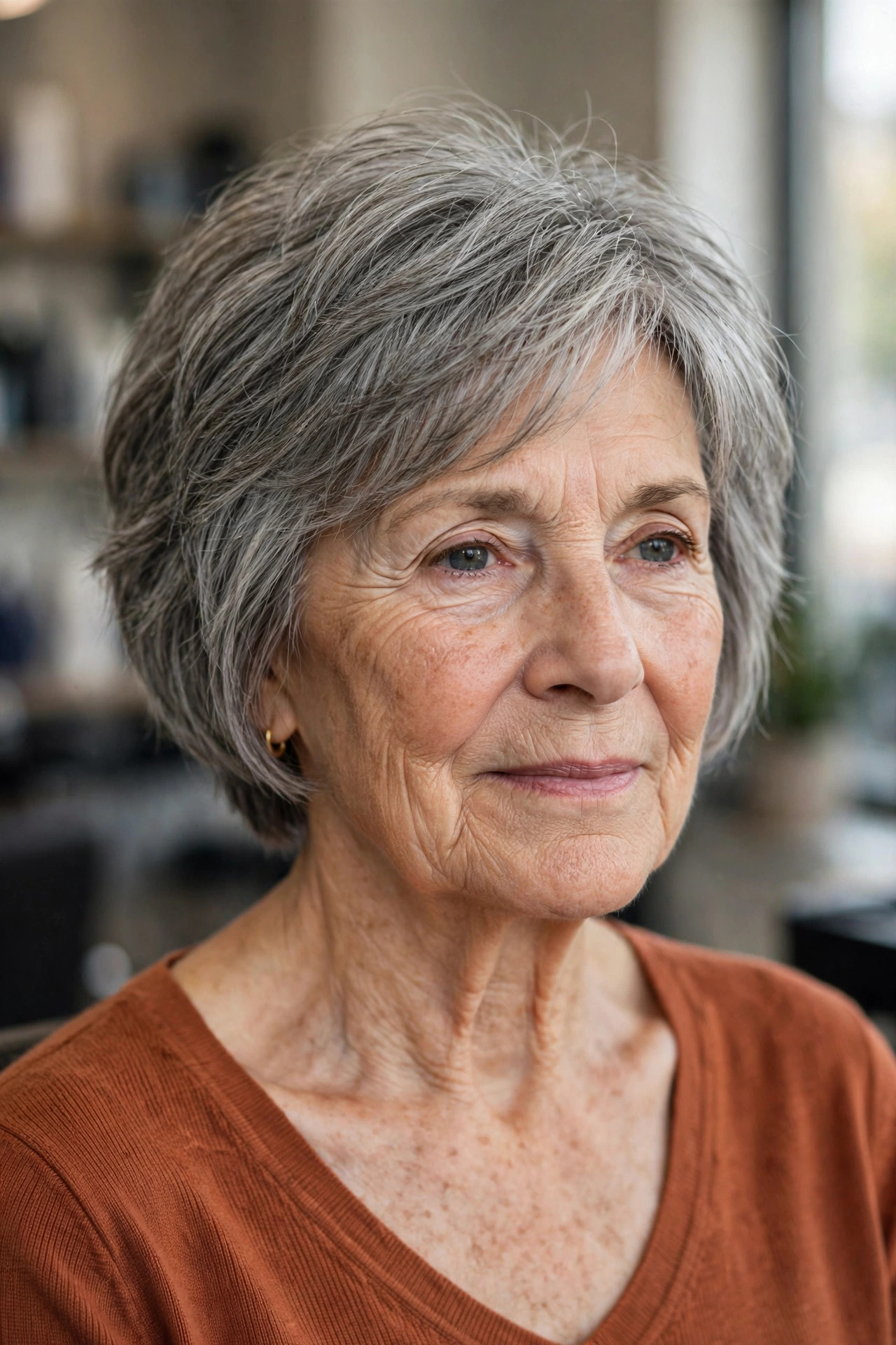 short layered bob haircut above the chin with razored choppy ends in steel gray hair on a woman over 60