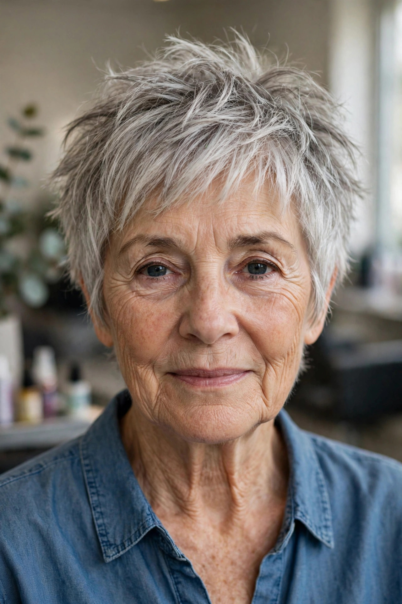 short messy pixie shag haircut with jagged layers in white gray hair on a woman over 60