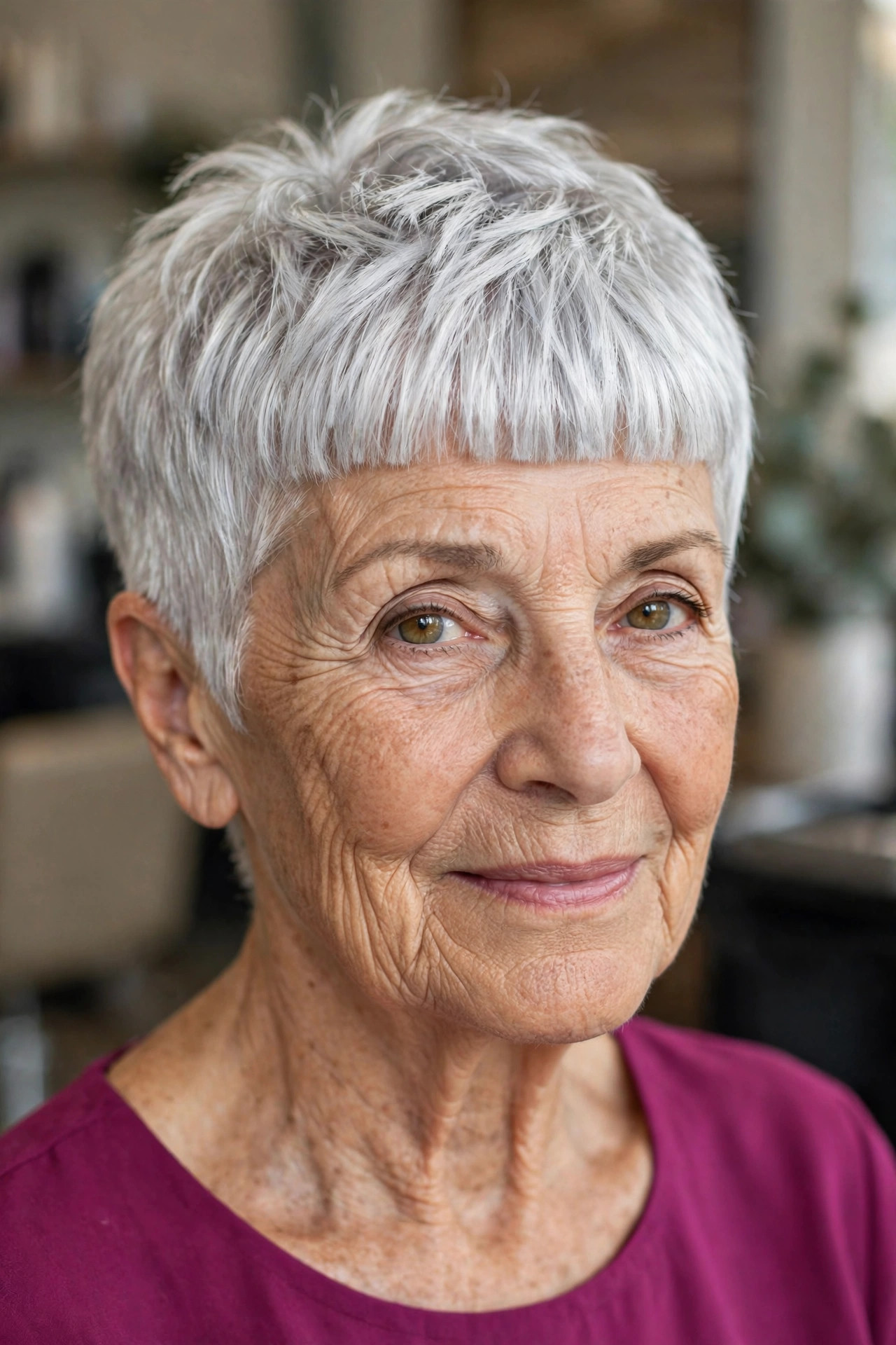 short silver pixie haircut with bold straight fringe in bright silver hair on a woman over 60