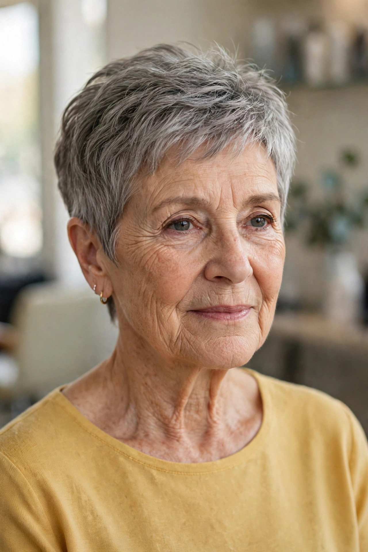 short tapered pixie haircut with neat sides and textured crown in soft gray hair on a woman over 60