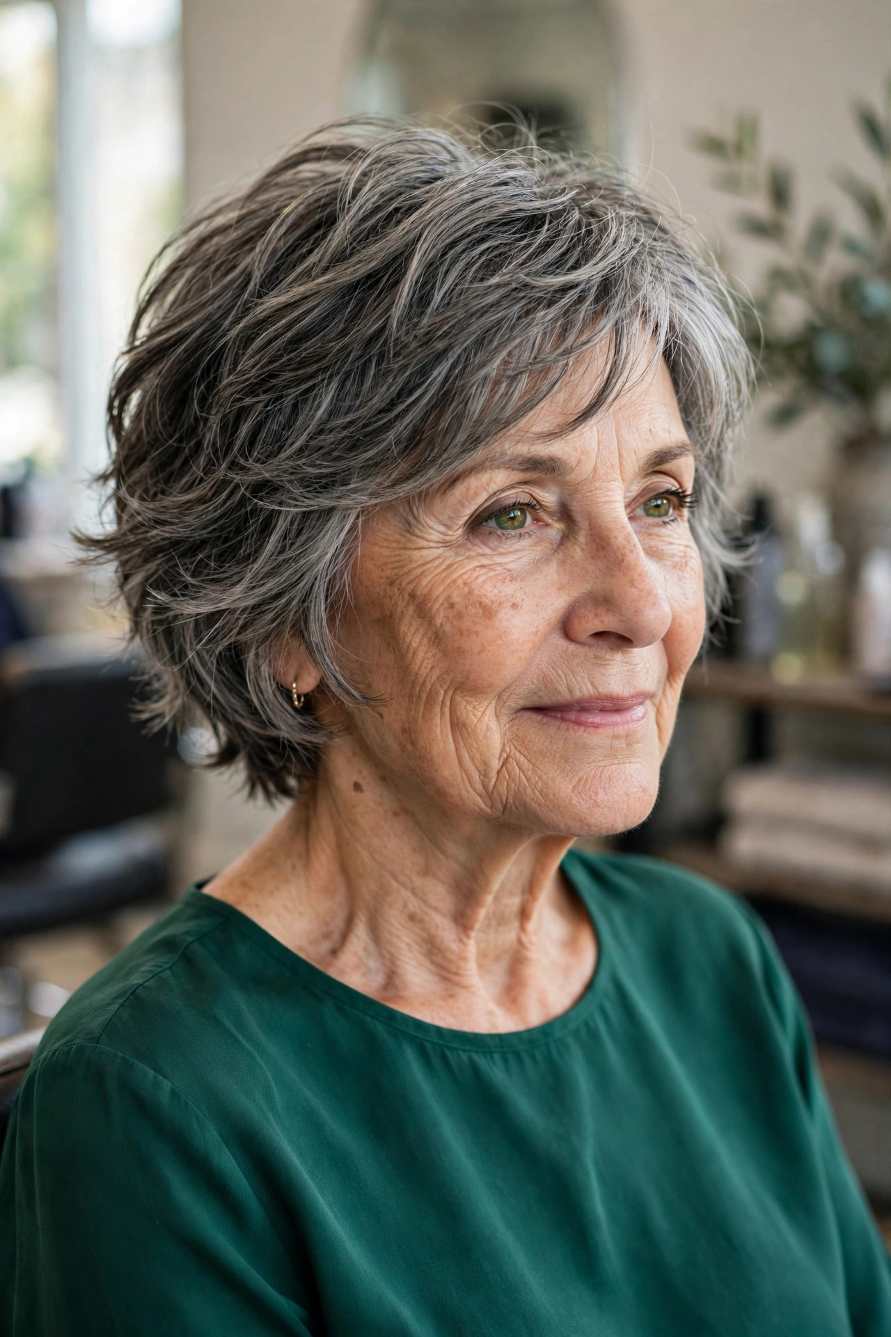 short bixie haircut between pixie and bob with charcoal lowlights in gray hair on a woman over 60