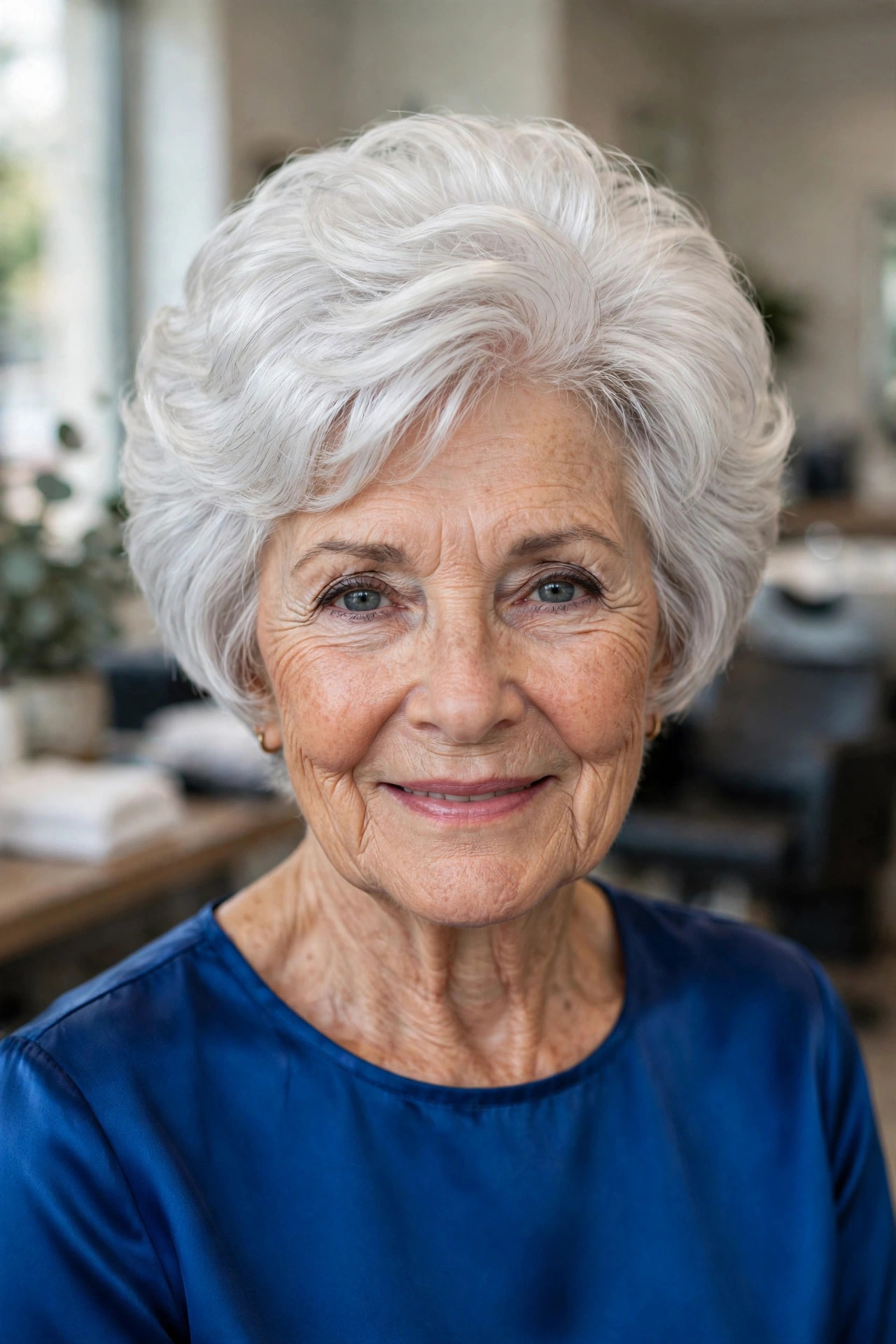 short voluminous blowout pixie bob with bouncy rounded shape in silver white hair on a woman over 60